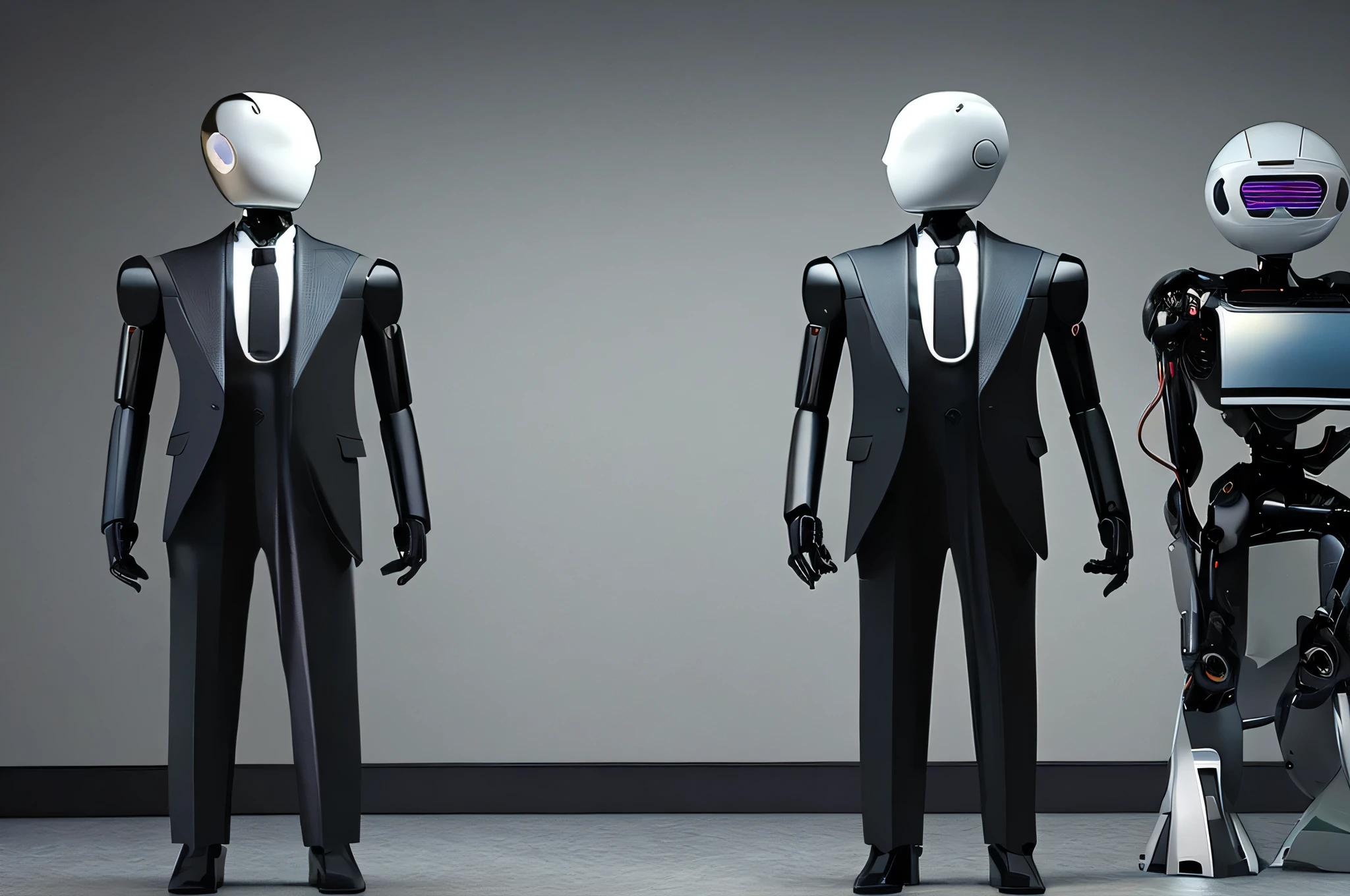 2 business robots wearing a real black cotton suit in a room, tie, machine, androind thinking