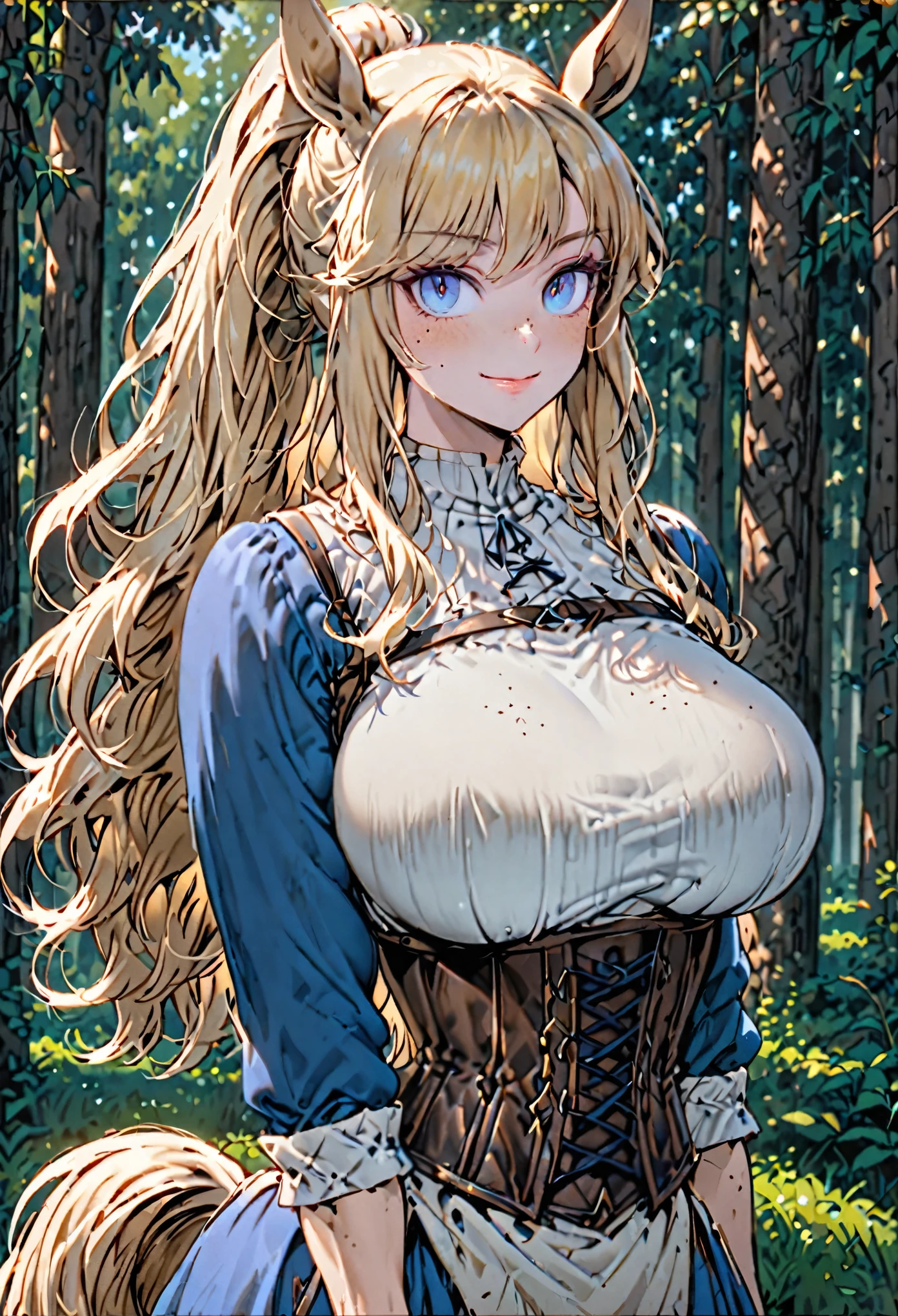 solo, female, medium short, sfw, long hair, ponytail, blonde hair, wavy hair, horse ears, blue eyes, pale, forest, huge breasts, centaur girl, muscular, smile, horse body, corset, medieval, villager, freckles, rolled up sleeves