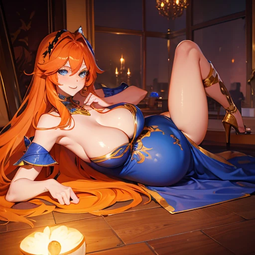 Beautiful sexy pregnant female sorceress, seductive pose, tight dress, cleavage, orange hair, blue eyes