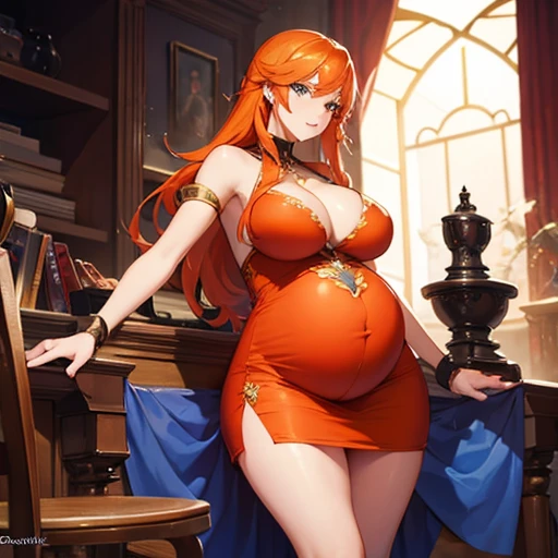 Beautiful sexy pregnant female sorceress, seductive pose, tight dress, cleavage, orange hair, blue eyes