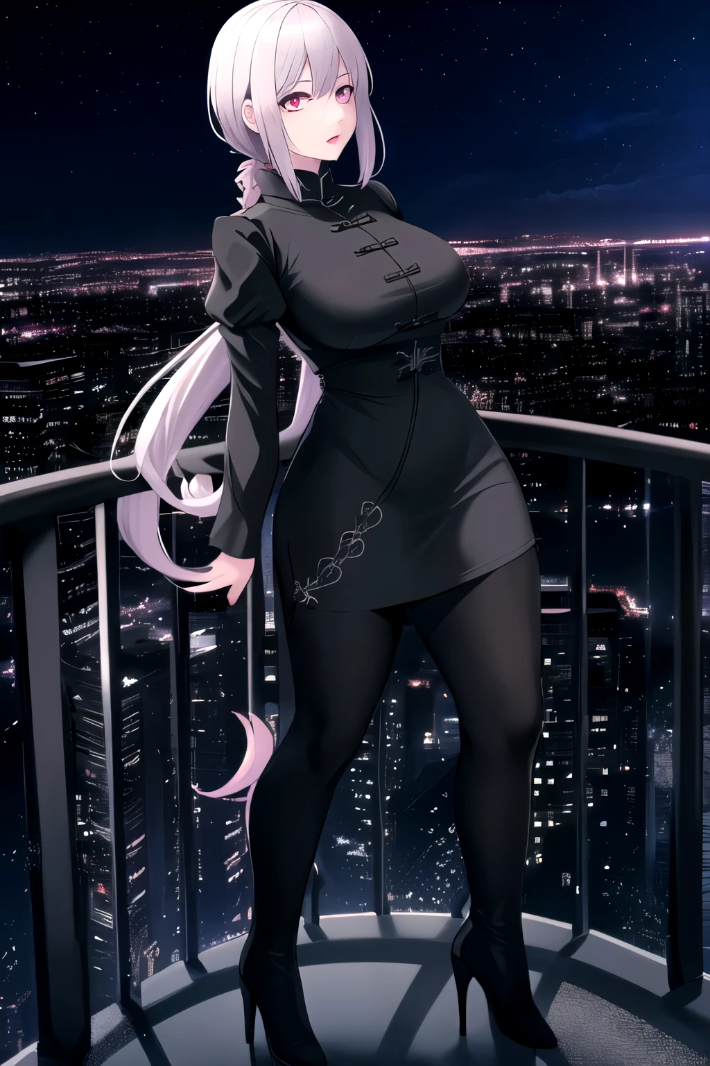 anime, (artwork, best quality, ultra-detailed, high contrast), 1 woman (Alone, full body, plus size body, standing on the edge of the skyscraper, silver hair, LONG In a ponytail, red eyes (detailed eyes), embarrassed expression, red lips (perfect lips), ruby sparkles, (simple black qipao), high heel boots black cybernetics with neon pink), transparent black socks), (skyscraper roof, overlooking a city, detailed background ((night time, Darkness, low light pollution)))