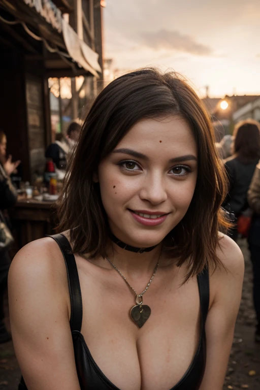 25 ans, brune, yeux marrons, delicate, professional light, flash lit, sexy, cheveux de longueur moyenne, grains de beauté, sourire romantique, Seductive look, pose coquine, bonne couverture, éclairée par les flashs des photographes, skin details, pores de la peau, visage fin, cheveux long, yeux marrons, HD, 8K, masterpiece, sourire romantique, in an post apocalyptic world, red sky, tow suns, sexy, with clothes made of leather and steel, cleavage, sexy, chain around the body, war facepaint, fireman festival