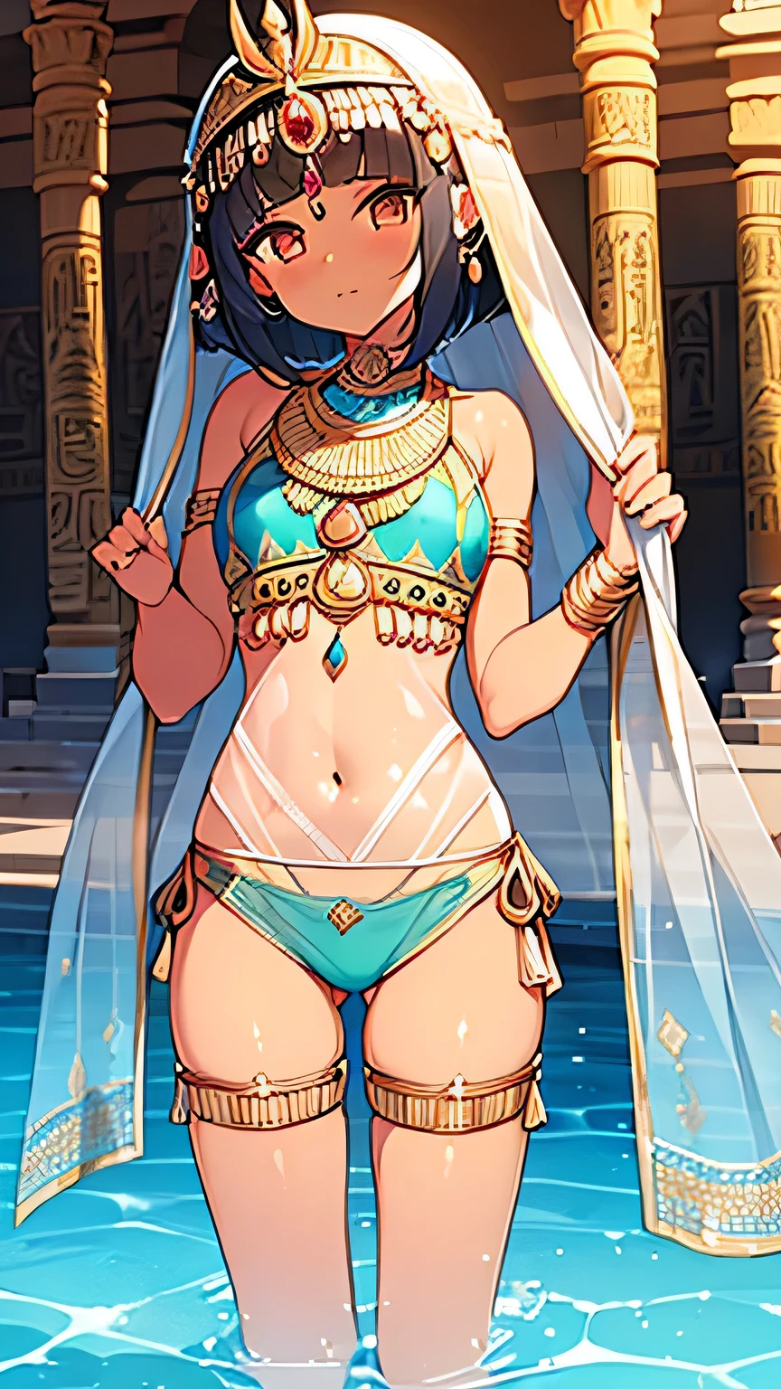 All intricate details: "(MahabharataPunkAI, ((see through, short clearswimsuit)), tan skin, beautiful, Egypt style, egypt girl, cute, 1 girl view, ((+18)), random angle shot)"