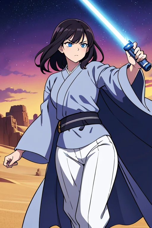 -anime style- -artwork- -super high quality- -4k- A pretty woman, dark hair, bright blue eyes, dressed in a large gray robe, dirty white cloth pants, an expression of total seriousness, an intimidating look, holding a purple lightsaber, walking through a large desert