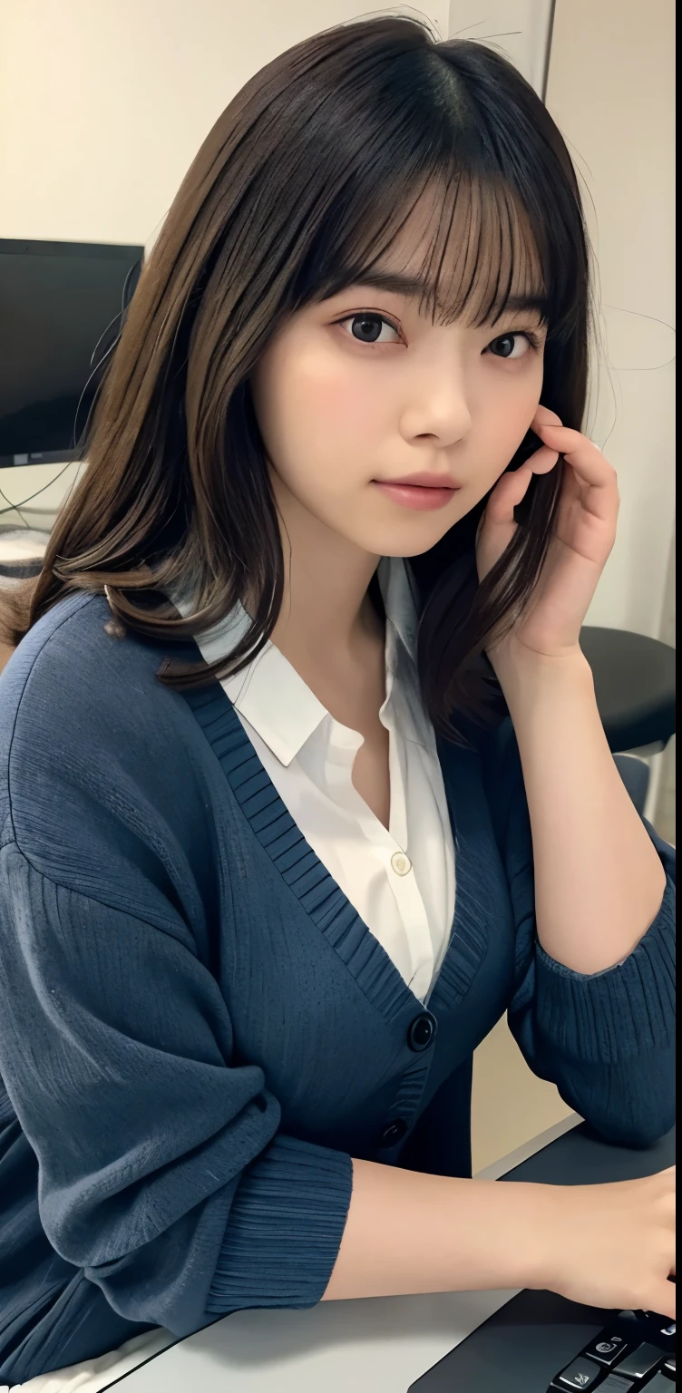 masterpiece, highest quality, 8k, 20th generation, Big Breasts, cute, alone, sad, cute, Girlish,cute 繊細な女の子, cute、Pure beauty,  RAW Photos, Professional photography, Portraiture, Soft Light, Professional Lighting, Backlight, Upper Body, avert your eyes, Sophisticated, Film Grain, (Eye and facial details:1.0), Round face、Floating Hair, beautiful, Flowing hair, Asymmetrical bangs、(Big Breasts:1.0)、loose white blouse、Navy blue cardigan、You can see a little bit of her chest、Micro Mini Skirt、Exposed thighs、Voluptuous thighs、dolly make、Heterochromia iridis、Office at night、In front of the computer、sitting in an office chair、