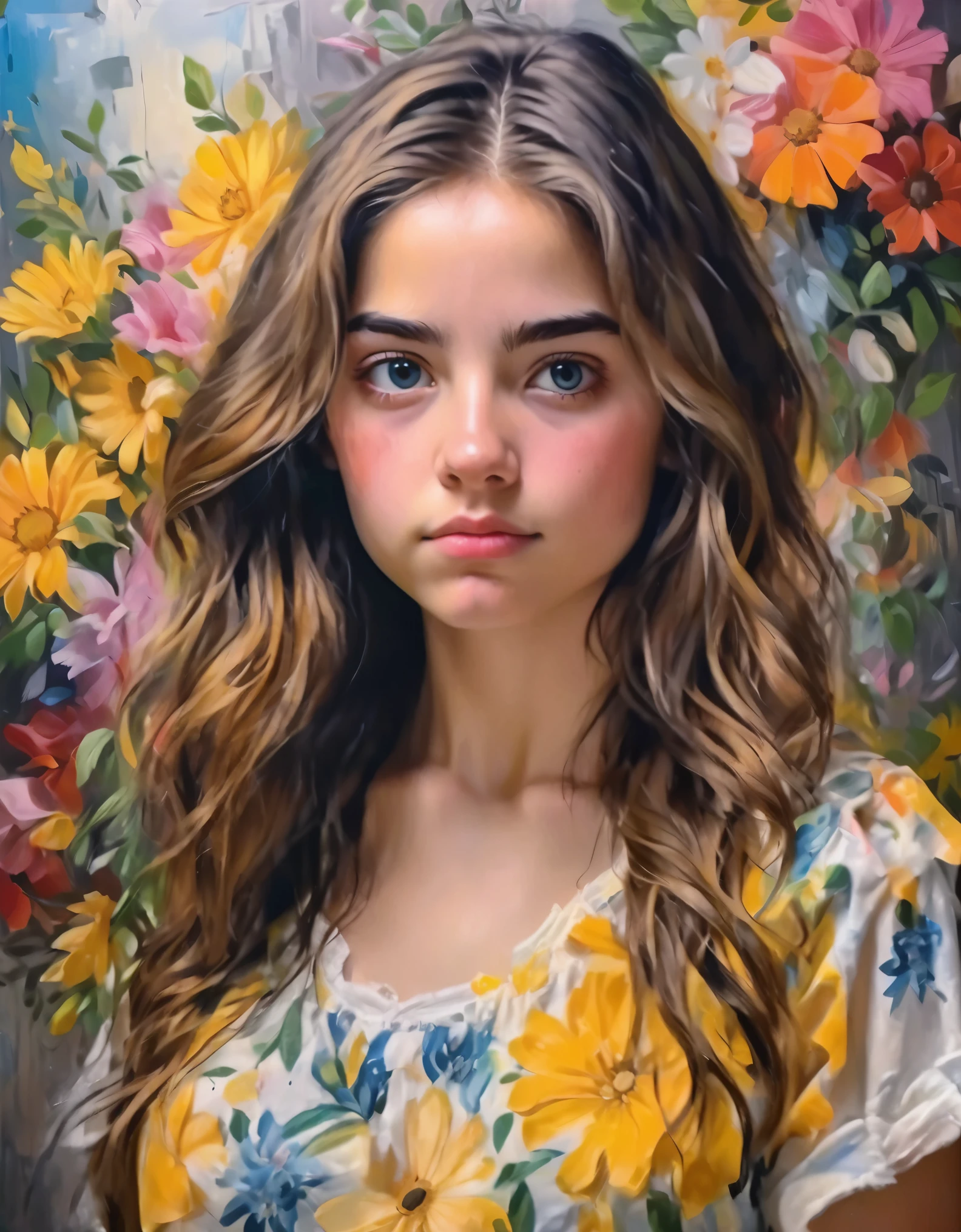 (realistic,photorealistic:1.37),vibrant colors,impressionistic brushstrokes,soft lighting,women's portrait,twenty years old,beautiful detailed face,expressive eyes,feminine pose,floral background