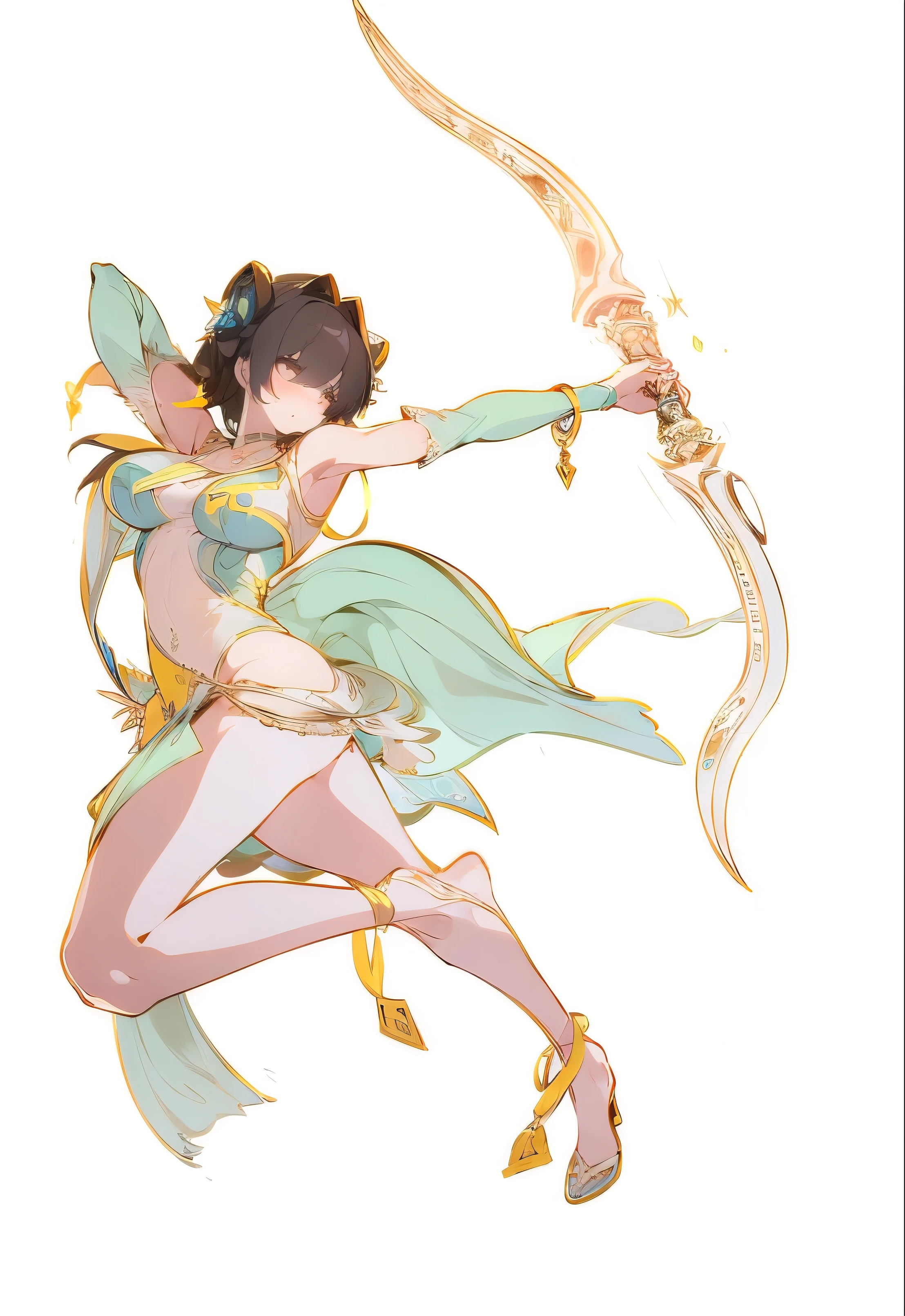 Cartoon of a woman holding a bow, full body xianxia, , girl, Keqing from genshin impact, Succubus,Elf,Light and Shadow,high quality, 拿着弓和箭的动漫girl, Color line drawing, Clean lines and colors, by Shitao