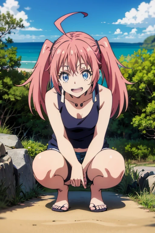 masterpiece, highest quality, 高解picture度，Anime Style、Characters from TenSura、picture、whole body　　　　　　　　　　　　Platinum pink hair（Twin tails:20:1）（Ahoge:1:10）、blue eyes、About 、smile、The double tooth shines、Tank top、Shorts、Sandy Beach、squat、Ocean、Sand castles