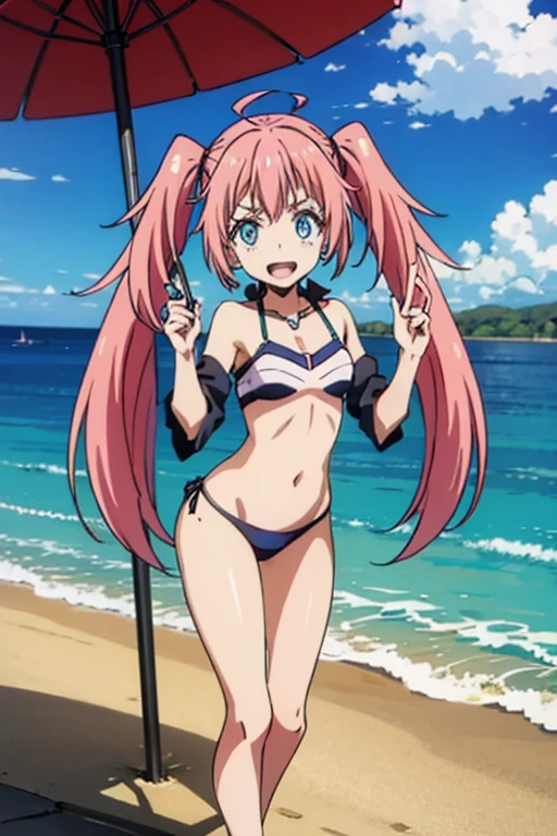 masterpiece, highest quality, 高解picture度，Anime Style、Characters from TenSura、picture、whole body　　　　　　　　　　　　Platinum pink hair（Twin tails:20:1）（Ahoge:1:10）、blue eyes、About 、smile、The double tooth shines、Bikini、Sandy Beach、Beach parasol、