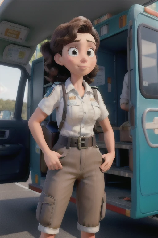 obra maestra, mejor calidad, mujer , peinado chongo, vistiendo uniforme de paramedico parada delante de una ambulancia , with first aid kit on waist