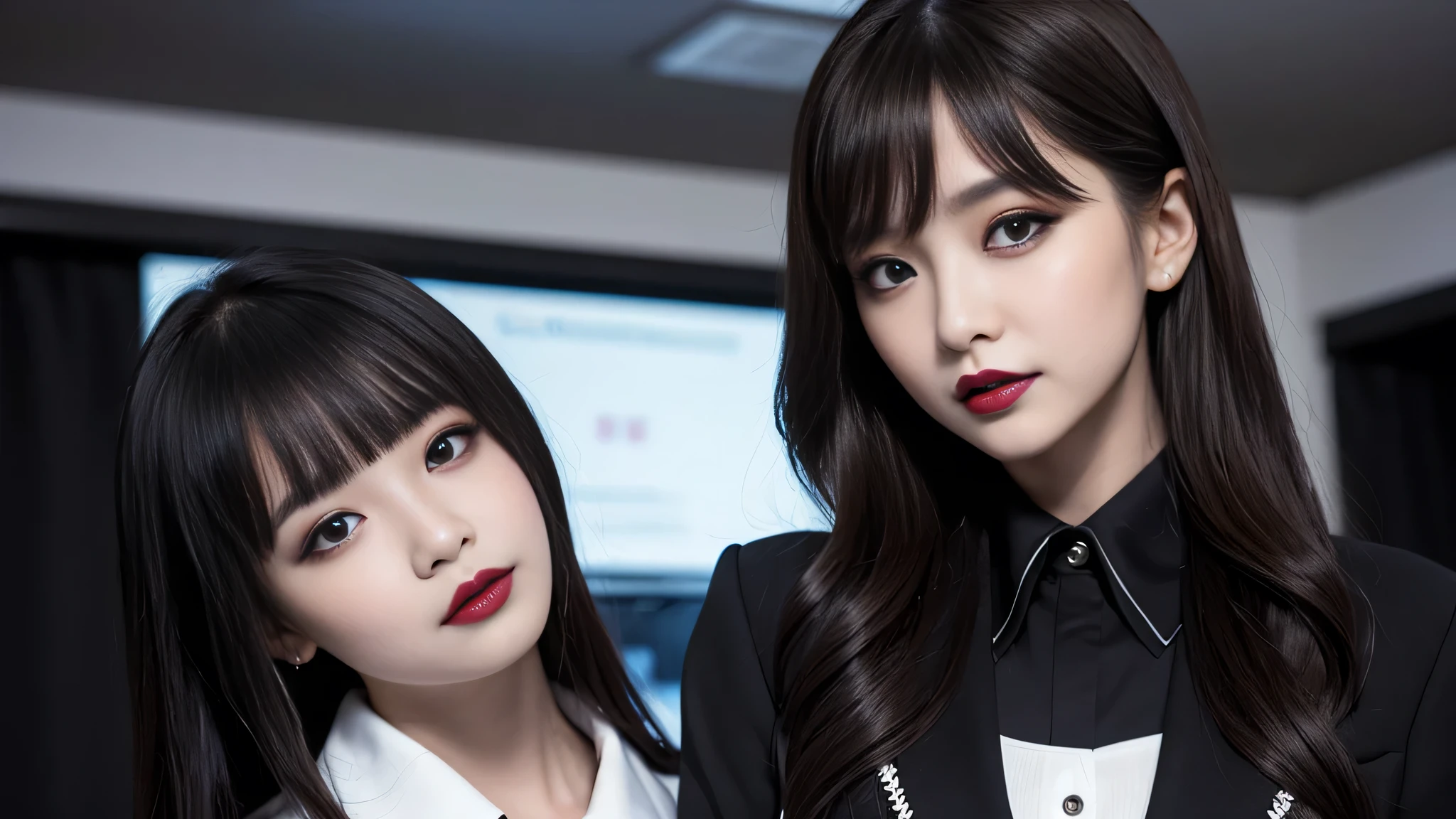 best quality、ultra-detailed、4k、Japanese、Seductive beauty、seductive adult woman、Pretty Woman、cool girl、Villainess、Brainwashed、brainwash、Fallen into evil、smirk、Evil look、Wicked Smile、evil、Brown hair、wavy hair、swept bangs、dark makeup、dark makeup、piercing eyes、hollow eyes,half-closed eyes、Hollow Eyes、purple Eyeshadow、black lipstick、black lipglos、office staff suit、suit、Jacket、Black sleeves、White Shirt、Black Ribbon、Tight Skirt、pantyhose、night、inside darkroom、Are standing、shoot from below、Have lipstick、Emblem of Evil、Crest of Darkness、Swear allegiance、I have pledged my allegiance、Dye black、Blackening、Stained with evil、Dyed in darkness、Seduce