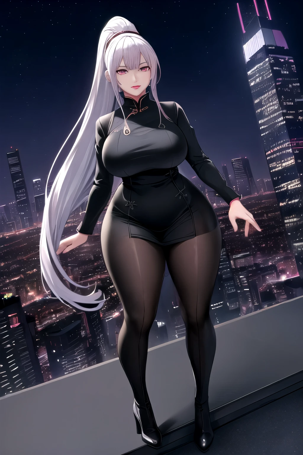 anime, (artwork, best quality, ultra-detailed, high contrast), 1 woman (Alone, full body, plus size body, standing on the edge of the skyscraper, silver hair, LONG In a ponytail, red eyes (detailed eyes), passionate expression, red lips (perfect lips), ruby sparkles, (simple black qipao), high heel boots black cybernetics with neon pink), transparent black socks), (skyscraper roof, overlooking a city, detailed background ((night time, Darkness, low light pollution)))