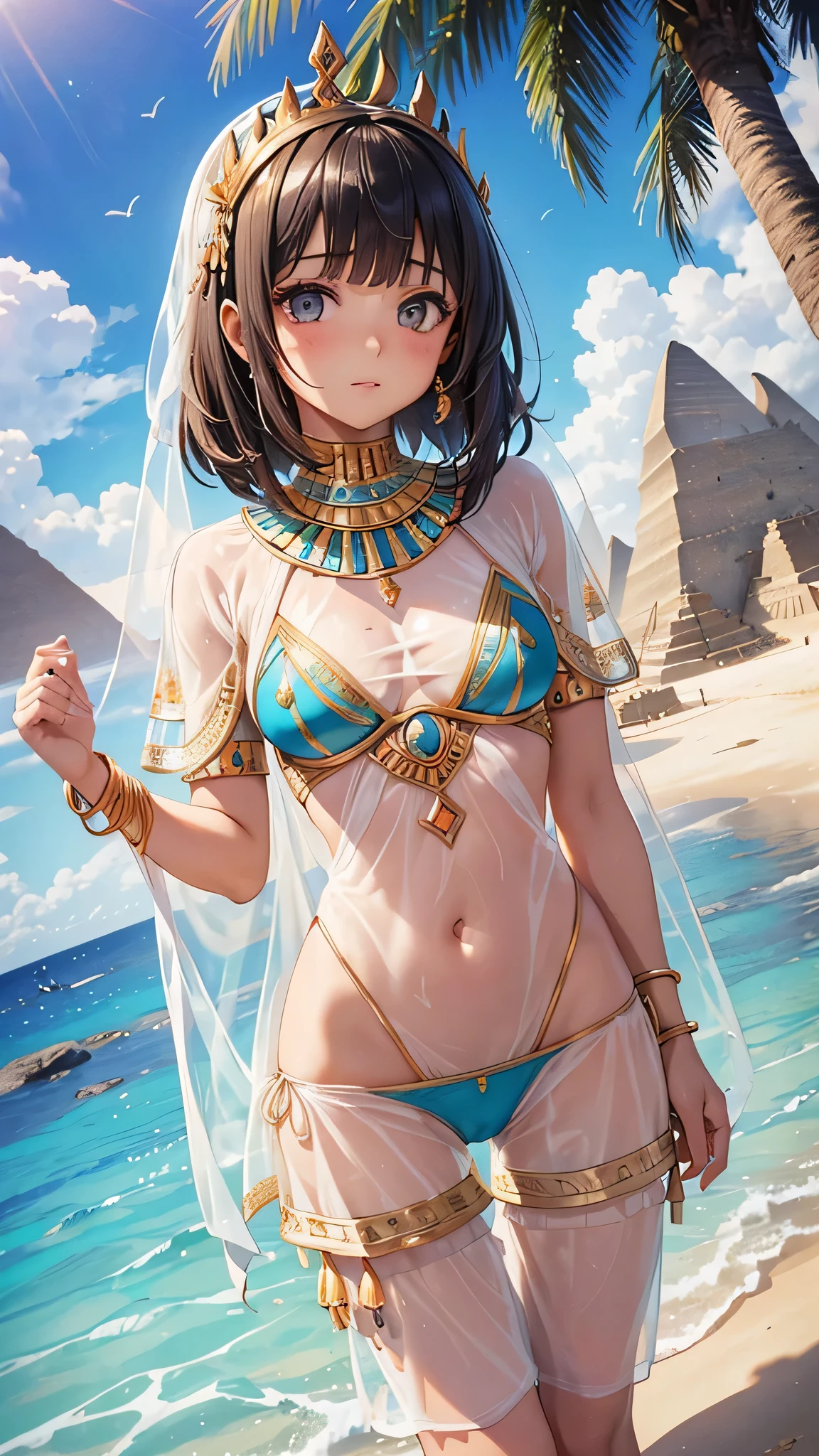 All intricate details: "(MahabharataPunkAI, ((see through, short clearswimsuit)), tan skin, beautiful, Egypt style, egypt girl, cute, 1 girl view, random angle shot)"