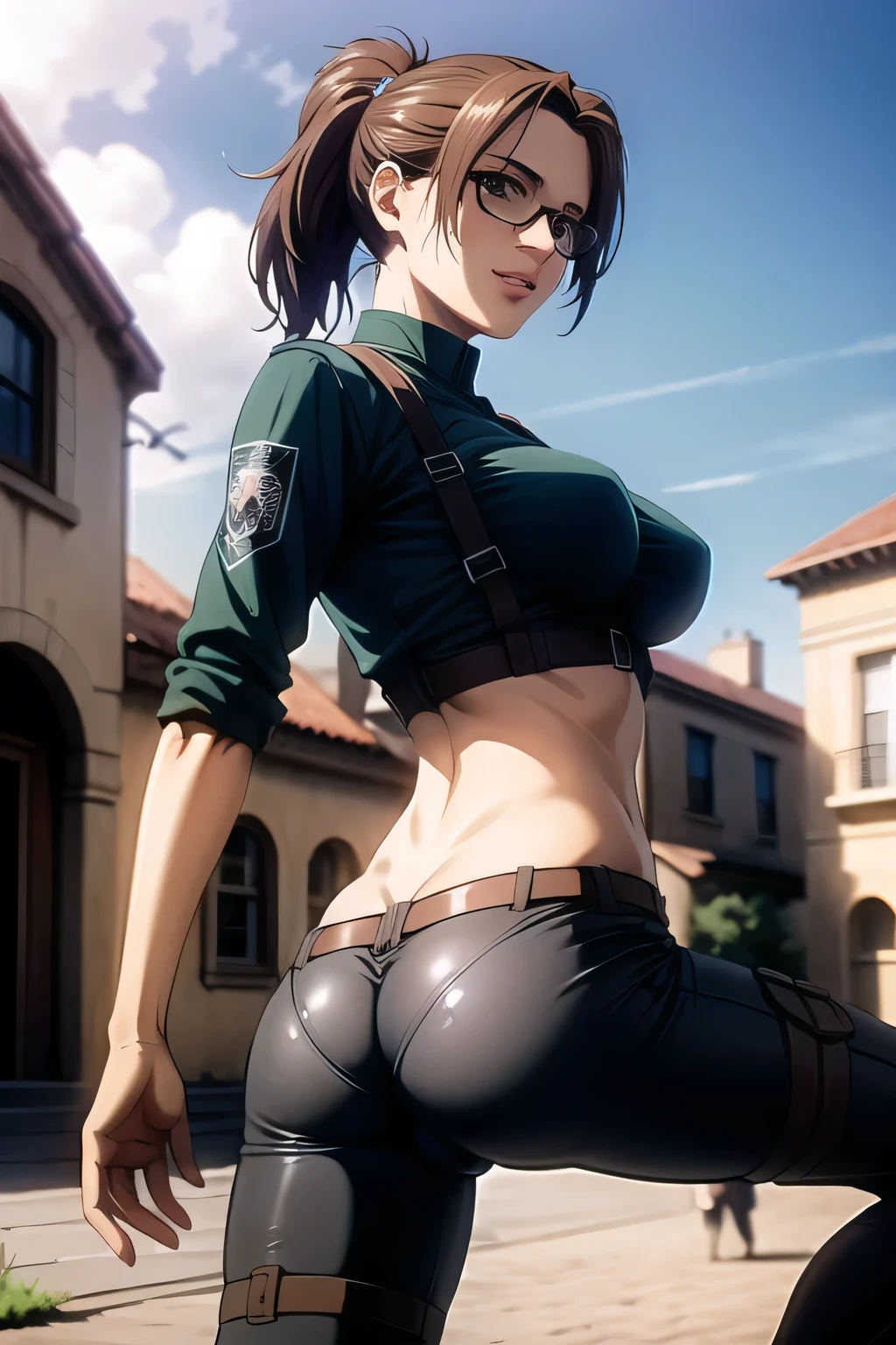 , masterpiece, highest quality, Super detailed, ray tracing, hdR, Depth of the bounds written, (perfect face, detailed face, fine eyes), 8K, hd, highest quality, Super detailed, shining eyes, Fair skin,
upright, medium breasts, beautiful medium breasts, wide hips, tight waist, pink lips, long eyelashes, brown ponytail hair, strong color, in a medieval town, adult body, adult face, Hange AOT, Hange AOT, pants, black pants, black suit, Day, heaven_army_uniform, null, cloud, outdoor, uniform, symbol, training_corps_\(symbol\), belt, glasses, ((black patch on left eye)),boots, thigh_strap, Three dimensions_maneuver_Equipment, investigation_corps_\(symbol\), ((tight clothes)), shining brown eyes, tired eyes, Brown Hair, greek nose, Harness, alone, 1 girl, masterpiece, highest quality, High resolution, Harness, ((masterpiece)), highest quality, Fair skin, notably long eyelashes, cute face, perfect face, high quality face, mature face,((realistic)),cameltoe,nsfw,)nude), seductive smile, ((standing with spread legs and showing her ass with her pants down))((perfect face)) ((highly detailed face)) from above