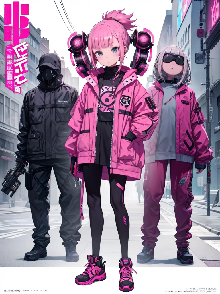 Pink jacket、Girl、Cute, wrapped in clear plastic, Little, 蛍光半透明スポーツFashion Trendsの服, Candy Color, Simple and light background, Cyberpunk Style, Cinema 4D, Octane Rendering, Collectible toys, Street Style,Pixar,Big shoes , Fashion Trends,