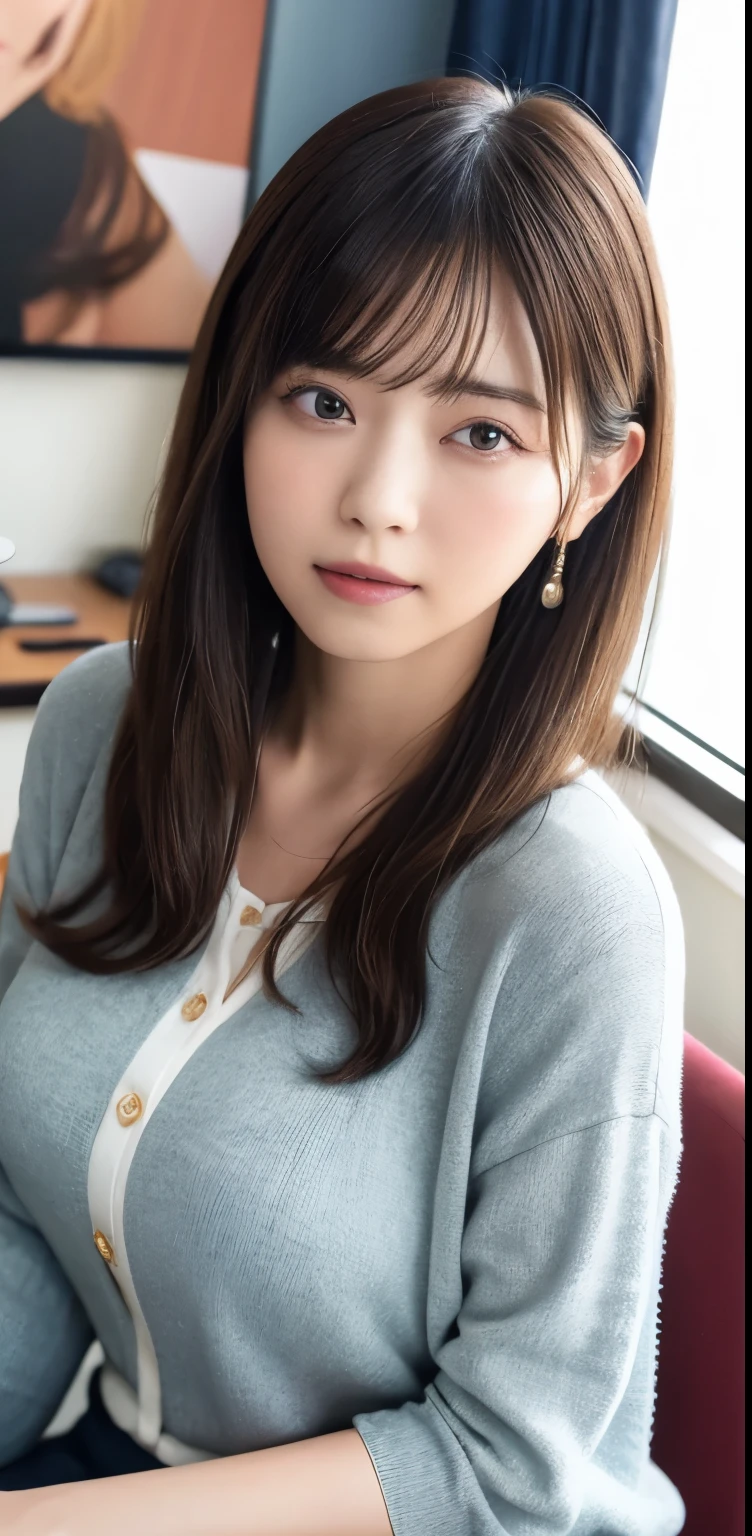 masterpiece, highest quality, 8k, 20th generation, Big Breasts, cute, alone, sad, cute, Girlish,cute 繊細な女の子, cute、Pure beauty, RAW Photos, Professional photography, Portraiture, Soft Light, Professional Lighting, Backlight, Upper Body, avert your eyes, Sophisticated, Film Grain, (Eye and facial details:1.0), Round face、Floating Hair, beautiful, Flowing hair, Asymmetrical bangs、(Big Breasts:1.0)、loose white blouse、Navy blue cardigan、You can see a little bit of her chest、Micro Mini Skirt、Exposed thighs、Voluptuous thighs、dolly make、Heterochromia iridis、Office at night、In front of the computer、sitting in an office chair、
