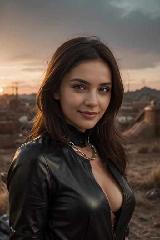 25 ans, brune, yeux marrons, delicate, professional light, flash lit, sexy, cheveux de longueur moyenne, grains de beauté, sourire romantique, Seductive look, pose coquine, bonne couverture, éclairée par les flashs des photographes, skin details, pores de la peau, visage fin, cheveux long, yeux marrons, HD, 8K, masterpiece, sourire romantique, in an post apocalyptic world, red sky, tow suns, sexy, with clothes made of leather and steel, cleavage, sexy, chain around the body, madmax