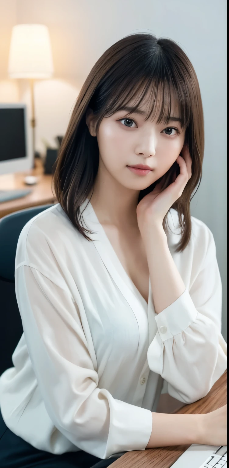 masterpiece, highest quality, 8k, 20th generation, Big Breasts, cute, alone, sad, cute, Girlish,cute 繊細な女の子, cute、Pure beauty, RAW Photos, Professional photography, Portraiture, Soft Light, Professional Lighting, Backlight, Upper Body, avert your eyes, Sophisticated, Film Grain, (Eye and facial details:1.0), Round face、Floating Hair, beautiful, Flowing hair, Asymmetrical bangs、(Big Breasts:1.0)、loose white blouse、Navy blue cardigan、You can see a little bit of her chest、Micro Mini Skirt、Exposed thighs、Voluptuous thighs、dolly make、Heterochromia iridis、Office at night、In front of the computer、sitting in an office chair、