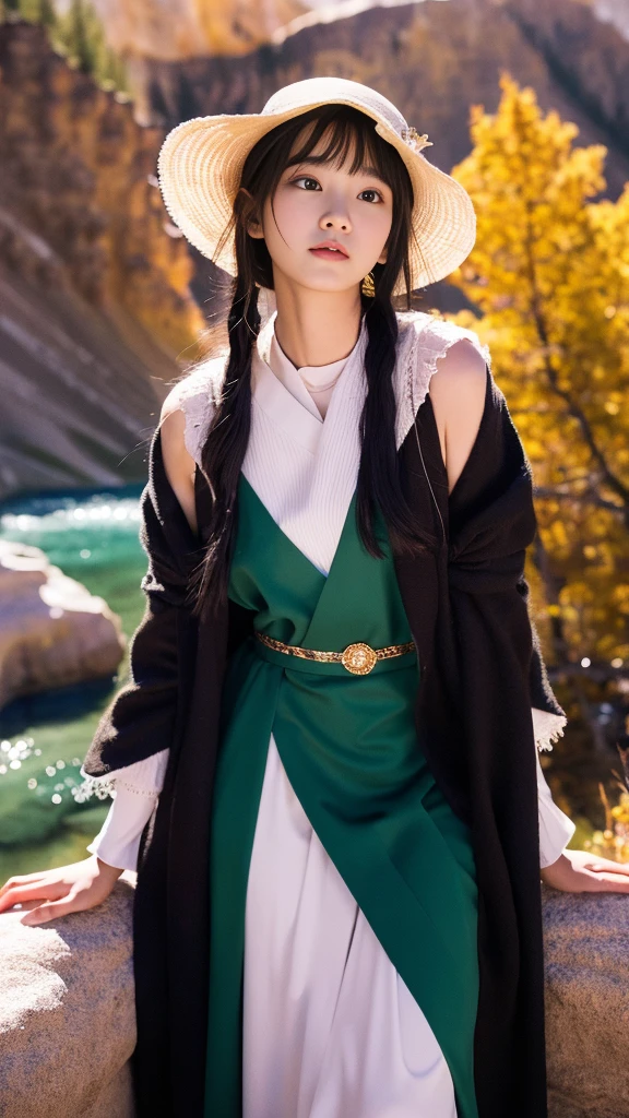 32k（masterpiece，Kilo，Hyper HD，32k）long, flowing black hair，Yellowstone，Xuzhou Girls ，Guardian of the sacred deer（Realistically：1.4），Python print robe，Purple pink tiara，Leaves flutter，The background of the canyon is pure，Hold your head high，I am proud，The nostrils see the person， High resolution， detailed，autumn&#39;s， RAW Photos， sharp， Nikon D850 film stock photo by Jefferies Lee 4 Kodak Portra 400 camera F1.6 shots, Rich colors, Ultra-realistic vivid textures, Dramatic lighting, Unreal Engine Art Station Trends, Cinestia 800，Hold your head high，I am proud，The nostrils see the person