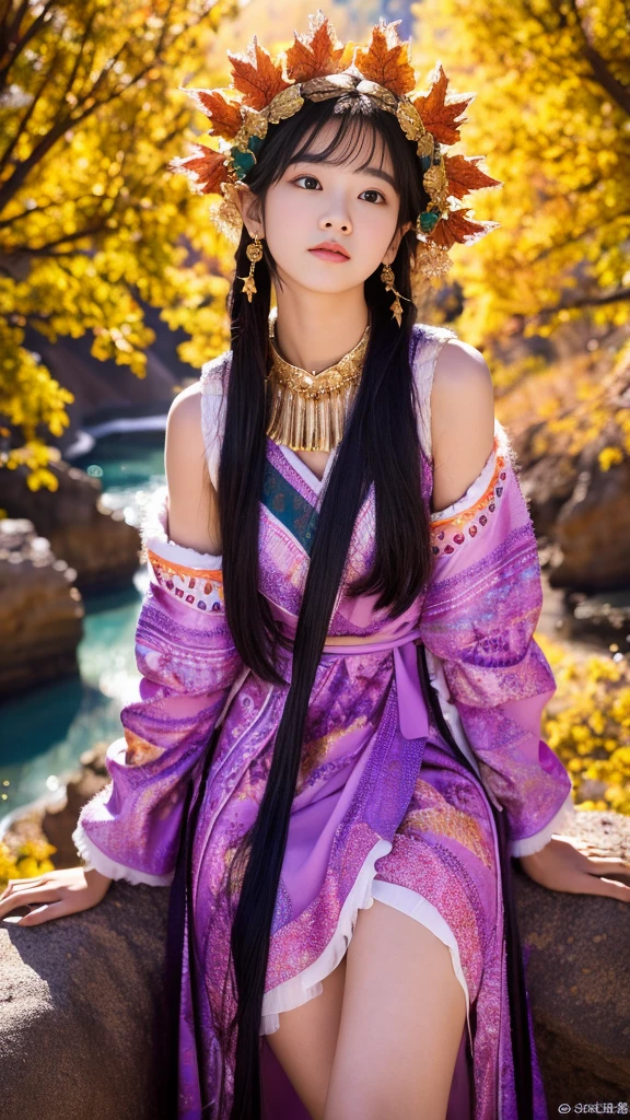 32k(masterpiece,Kilo,Hyper HD,32k)long, flowing black hair,Yellowstone,Xuzhou Girls ,Guardian of the sacred deer(Realistically:1.4),Python print robe,Purple pink tiara,Leaves flutter,The background of the canyon is pure,Hold your head high,I am proud,The nostrils see the person, High resolution, detailed,autumn's, RAW Photos, sharp, Nikon D850 film stock photo by Jefferies Lee 4 Kodak Portra 400 camera F1.6 shots, Rich colors, Ultra-realistic vivid textures, Dramatic lighting, Unreal Engine Art Station Trends, Cinestia 800,Hold your head high,I am proud,The nostrils see the person