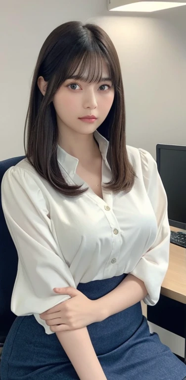 masterpiece, highest quality, 8k, 20th generation, Big Breasts, cute, alone, sad, cute, Girlish,cute 繊細な女の子, cute、Pure beauty, RAW Photos, Professional photography, Portraiture, Soft Light, Professional Lighting, Backlight, Upper Body, avert your eyes, Sophisticated, Film Grain, (Eye and facial details:1.0), Round face、Floating Hair, beautiful, Flowing hair, Asymmetrical bangs、(Big Breasts:1.0)、loose white blouse、Navy blue cardigan、You can see a little bit of her chest、Micro Mini Skirt、Exposed thighs、Voluptuous thighs、dolly make、Heterochromia iridis、Office at night、In front of the computer、sitting in an office chair、