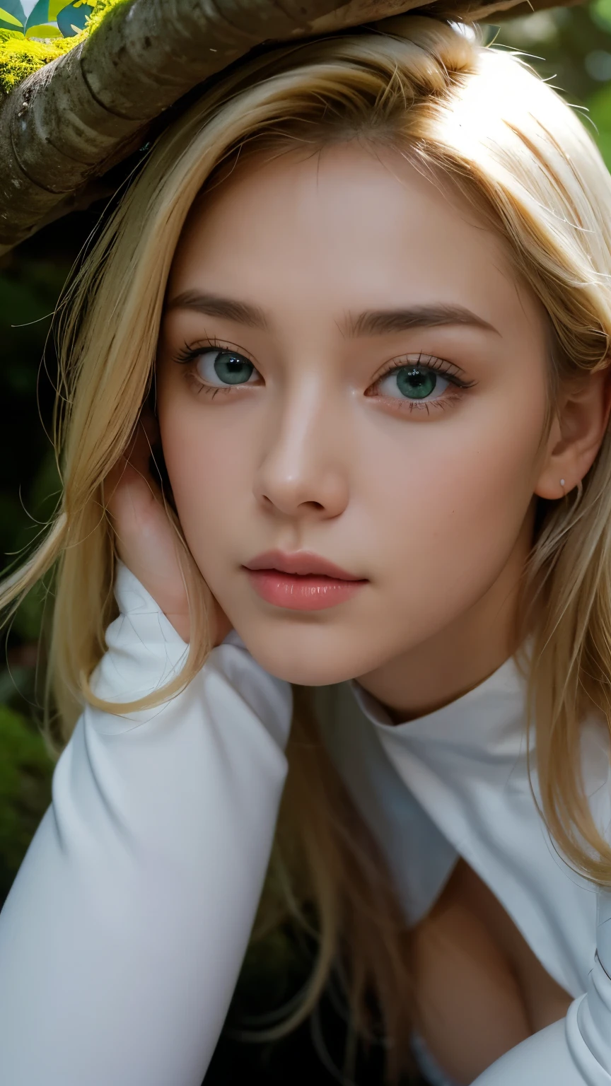 Strong light, Strong contrast, In an open-roofed cave、Sunlight shines through green moss and ferns。, And open( Ocean View:1.1) end, Cel-shaded rendering, 4K, 360 degrees, Equirectangular projection, what, One Girl, 30-year-old woman､Beautiful woman､Long Blonde Hair､White Latex Leotard､White long boots､White arm cover､masterpiece, 最high quality, high quality, High resolution, (((Face close-up)))、Large Breasts、Cleavage