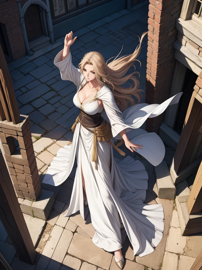 The heroine walks away, fluttering her damaged cloak., Long hair fluttering, Swordsman Style, Light Armor, Slender figure, Medium size chest, Cleavage, Wear earth-toned clothing, Old townscape of medieval Europe, dust flying, Top angle shot, From above, The people praising the hero&#39;s triumphant return