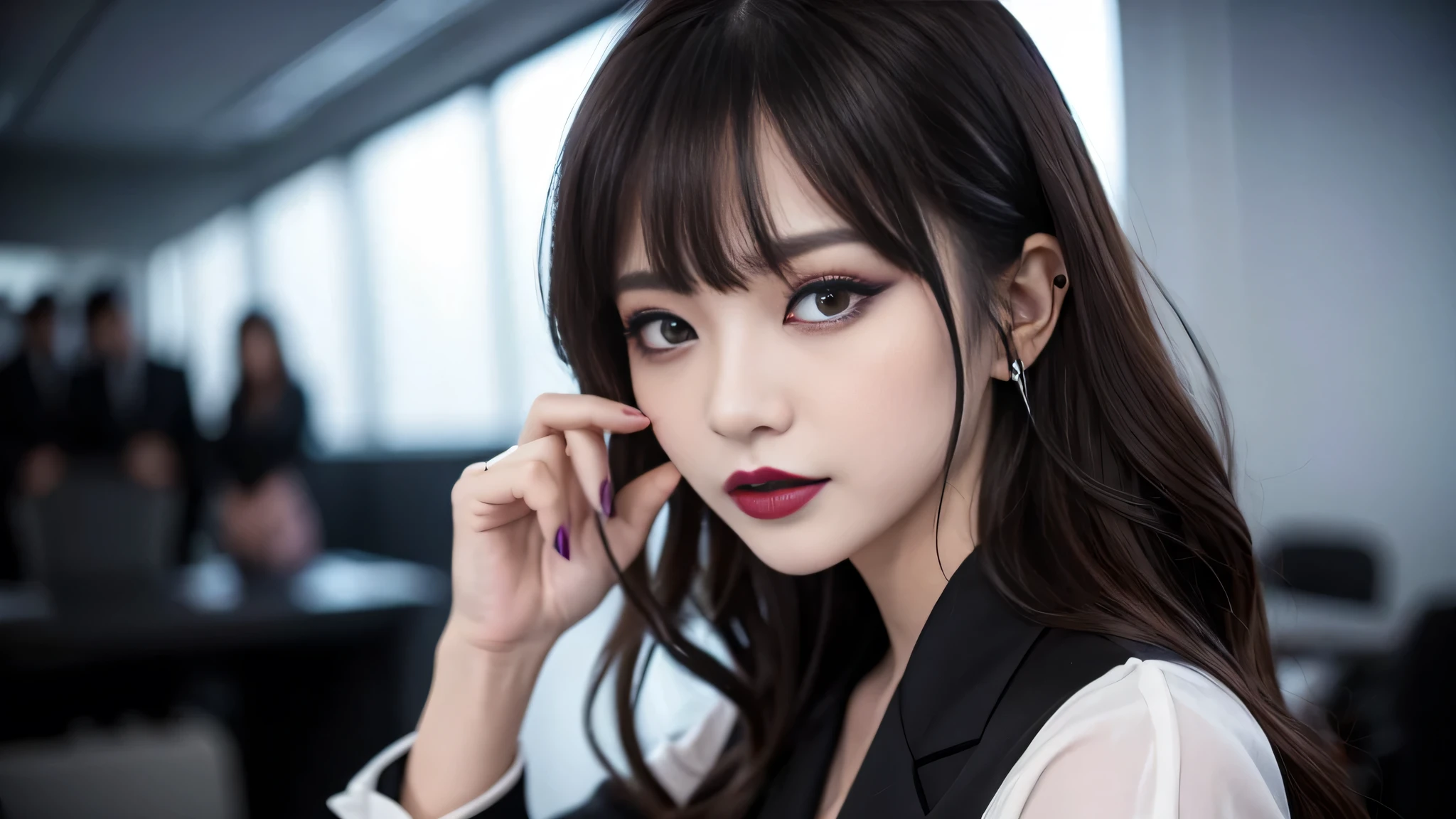 best quality、ultra-detailed、4k、Japanese、Seductive beauty、seductive adult woman、Pretty Woman、cool girl、Villainess、Brainwashed、brainwash、Fallen into evil、smirk、Evil look、Wicked Smile、evil、Brown hair、wavy hair、swept bangs、dark makeup、dark makeup、piercing eyes、hollow eyes,half-closed eyes、Hollow Eyes、purple Eyeshadow、black lipstick、black lipglos、office staff suit、suit、Jacket、Black sleeves、White Shirt、Black Ribbon、Tight Skirt、pantyhose、night、inside darkroom、Are standing、shoot from below、Have lipstick、Emblem of Evil、Crest of Darkness、Swear allegiance、I have pledged my allegiance、Dye black、Blackening、Stained with evil、Dyed in darkness、Seduce