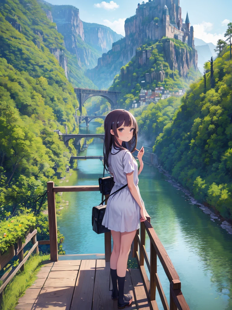 masterpiece、highest quality、High resolution、Very detailed、Medium wide shot、Girl、cute、Casual attire、Adventurer、Fishing on the bridge、