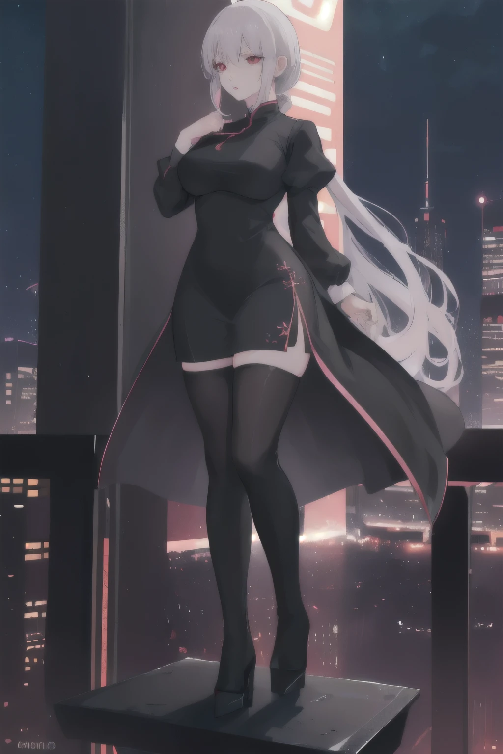 anime, (artwork, best quality, ultra-detailed, high contrast), 1 woman (Alone, full body, plus size body, standing on the edge of the skyscraper, silver hair, LONG In a ponytail, red eyes (detailed eyes), passionate expression, red lips (perfect lips), ruby sparkles, (simple black qipao), high heel boots black cybernetics with neon pink), transparent black socks), (skyscraper roof, overlooking a city, detailed background ((night time, Darkness, low light pollution)))