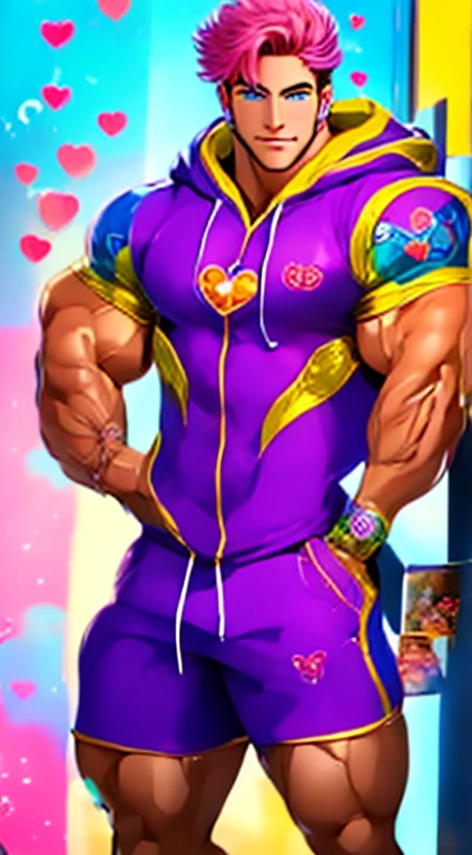 score_9, score_8_up, score_7_up, score_6_up, boy, brown hair, idol haircut, hair down, bangs, smiling, shirtless, purple briefs, cool, front, brown skin, tanned, muscular, huge bulge, holding weights, looking at viewer, simple white background, concept art, RinotunaYei,