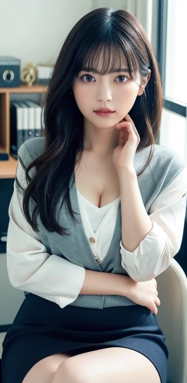 masterpiece, highest quality, 8k, 20th generation, Big Breasts, cute, alone, sad, cute, Girlish,cute 繊細な女の子, cute、Pure beauty, RAW Photos, Professional photography, Portraiture, Soft Light, Professional Lighting, Backlight, Upper Body, avert your eyes, Sophisticated, Film Grain, (Eye and facial details:1.0), Round face、Floating Hair, beautiful, Flowing hair, Asymmetrical bangs、(Big Breasts:1.0)、loose white blouse、Navy blue cardigan、You can see a little bit of her chest、Micro Mini Skirt、Exposed thighs、Voluptuous thighs、dolly make、Heterochromia iridis、Office at night、In front of the computer、sitting in an office chair、
