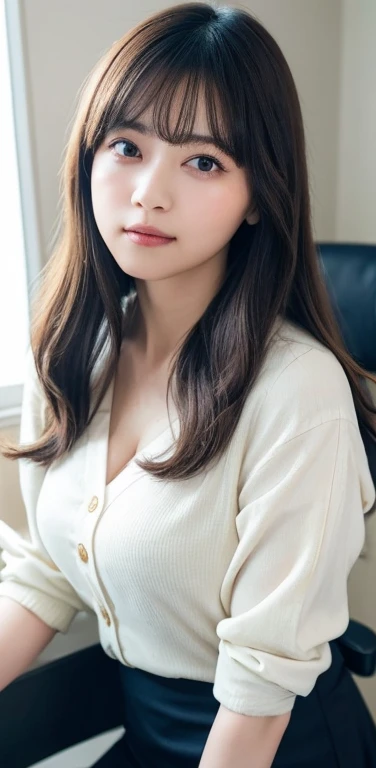 masterpiece, highest quality, 8k, 20th generation, Big Breasts, cute, alone, sad, cute, Girlish,cute 繊細な女の子, cute、Pure beauty, RAW Photos, Professional photography, Portraiture, Soft Light, Professional Lighting, Backlight, Upper Body, avert your eyes, Sophisticated, Film Grain, (Eye and facial details:1.0), Round face、Floating Hair, beautiful, Flowing hair, Asymmetrical bangs、(Big Breasts:1.0)、loose white blouse、Navy blue cardigan、You can see a little bit of her chest、Micro Mini Skirt、Exposed thighs、Voluptuous thighs、dolly make、Heterochromia iridis、Office at night、In front of the computer、sitting in an office chair、