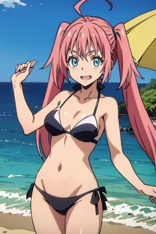 masterpiece, highest quality, 高解picture度，Anime Style、Characters from TenSura、picture、whole body　　　　　　　　　　　　Platinum pink hair（Twin tails:20:1）（Ahoge:1:10）、blue eyes、About 、smile、The double tooth shines、Bikini、Sandy Beach、Beach parasol、rest