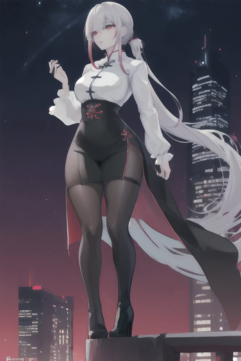 and slender woman with long yellow hair, wearing a white turtleneck sweater and a black leather jacket on top, a mini skirt (black), white stockings, and high-heeled black boots. She is standing on a balcony, looking at the starry sky on a brightly moonlit night. Enormous breasts, covered nipples, rounded belly, overhanging shirt, nipple cutouts
