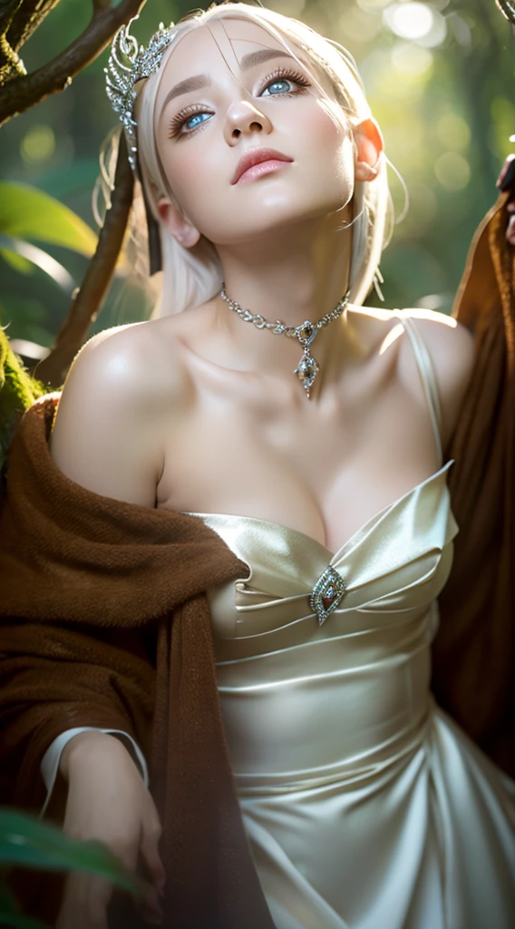 Elf Princess,In the woods,platinum hair accessories,(Realistic:1.4), (masterpiece, Side light, Fine and beautiful eyes: 1.2), masterpiece*Portraiture, Realistic, The face is delicate, Glowing Eyes, Shiny Hair, Glowing Real Skin, alone, Embarrassing, (abdomen),(Ultra-fine),More about pubic hair,Accurate,(Masterpieces),(highest quality),8K resolution,Half Body,Dynamic Viewing Angle,Dark brown hair