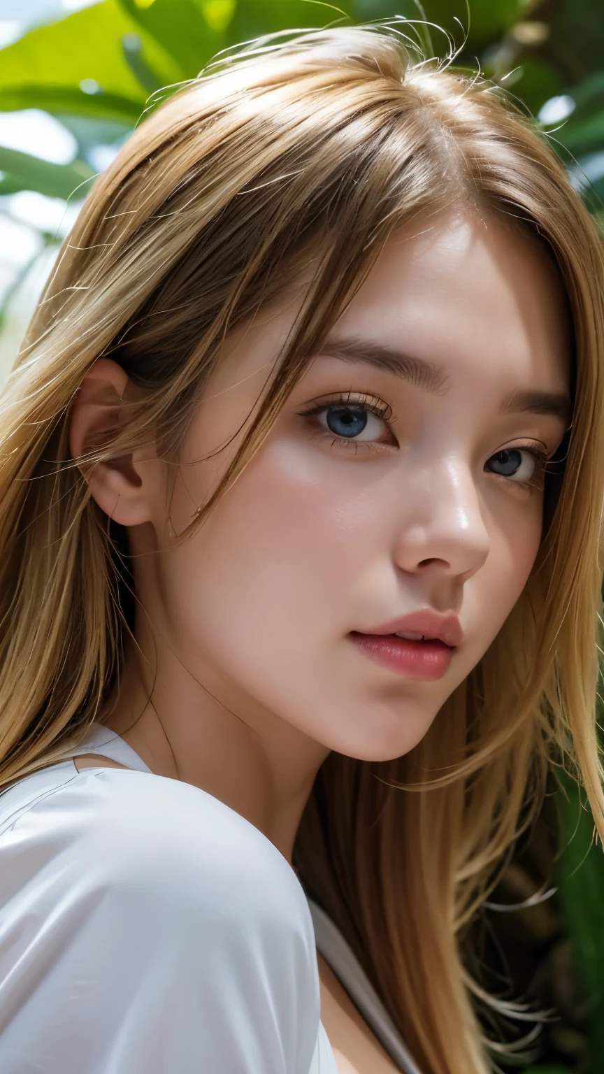 Strong light, Strong contrast, In an open-roofed cave、Sunlight shines through green moss and ferns。, And open( Ocean View:1.1) end, Cel-shaded rendering, 4K, 360 degrees, Equirectangular projection, what, One Girl, 30-year-old woman､Beautiful woman､Long Blonde Hair､White Latex Leotard､White long boots､White arm covers､masterpiece, 最high quality, high quality, High resolution, (((Face close-up)))、、Cleavage
