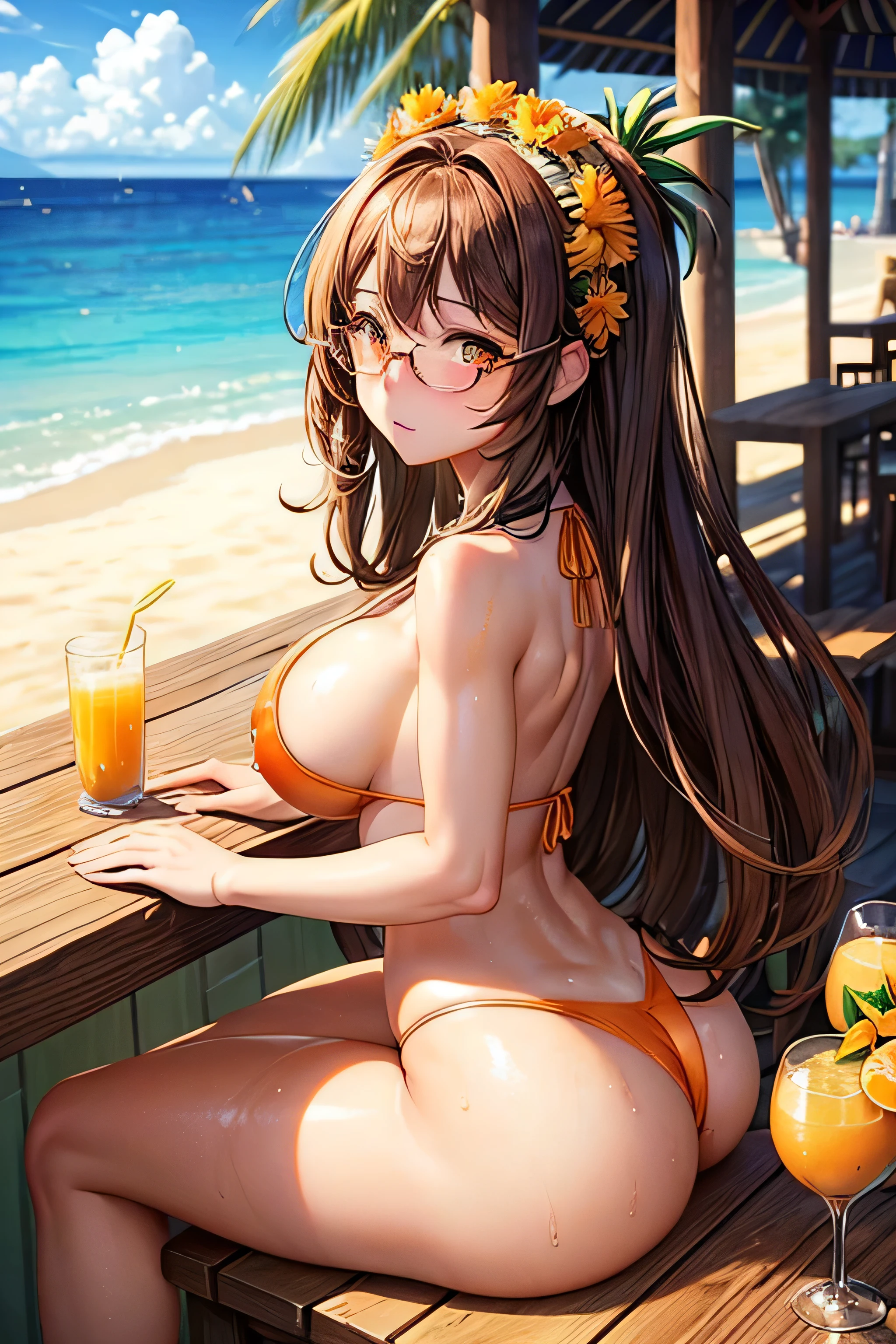 (Very detailed, highest quality, Anatomically perfect body), One girl, Anime Girls,Brown long hair, Brown eyes, Green glasses,heart shaped pupils,Sunburned skin, Large Breasts,beautiful breasts,pointy breasts,(Big Ass),beautiful ass,Embarrassed,white swimsuit,sitting,at cafe,(lemon juice),(orange juice),(Pineapple juice),(Mango juice),(water),