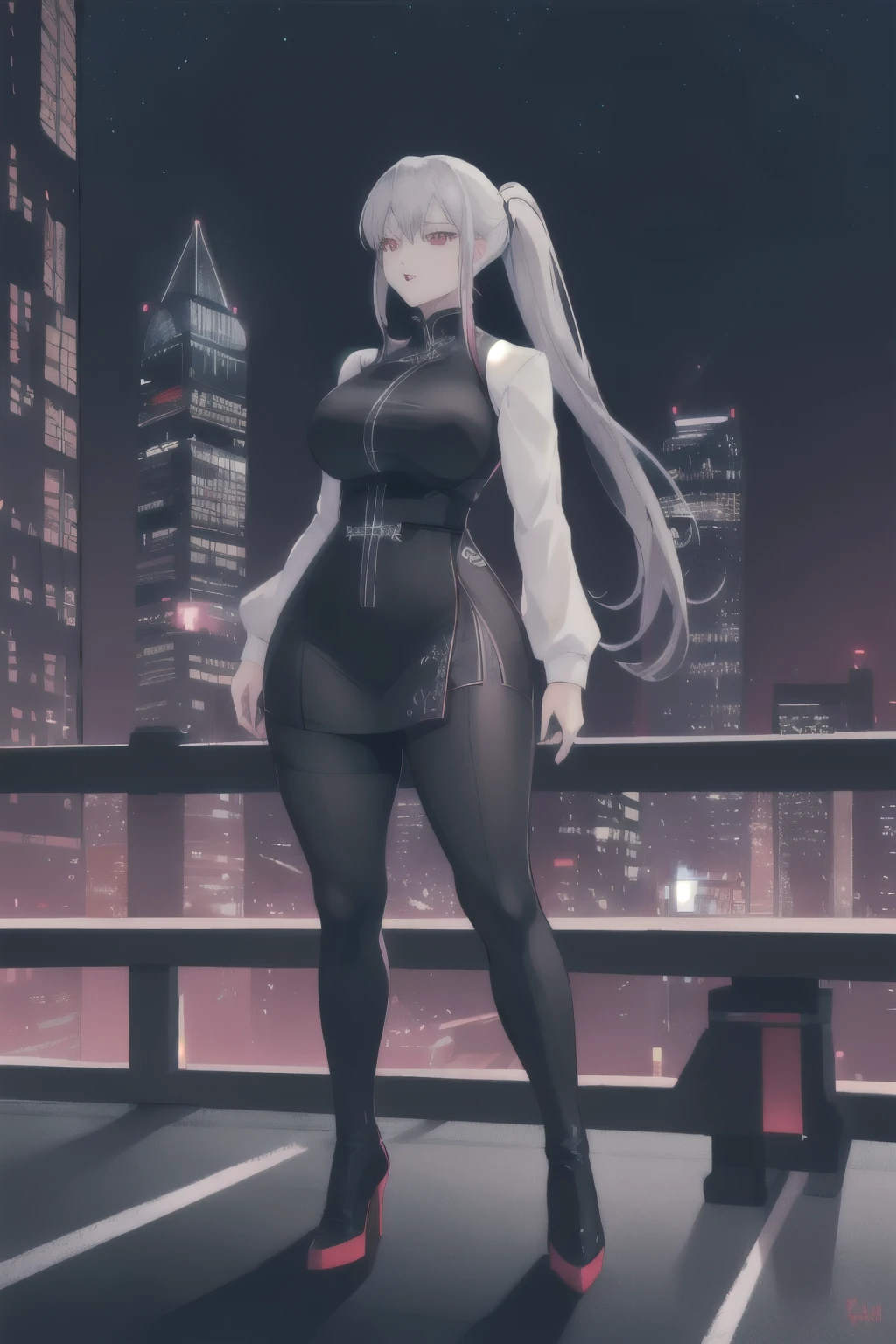 A woman wearing a black dress, exposed shoulder, exposed leg, black heels, orange eyes, silver hair, pigtails, long hair, red bangs, multicolored hair, smiling, large breasts, wearing sunglasses, standing , perfect face, perfect lips, perfect eyes, walking on the sidewalk of a luxury neighborhood, concrete sidewalk, tree in the background, location at night, sophisticated lighting,UHD , prime work , accurate , anatomically correct , textured skin , super details , high quality , best quality, 8k, high resolution, bokeh effect. (woman solo), close view