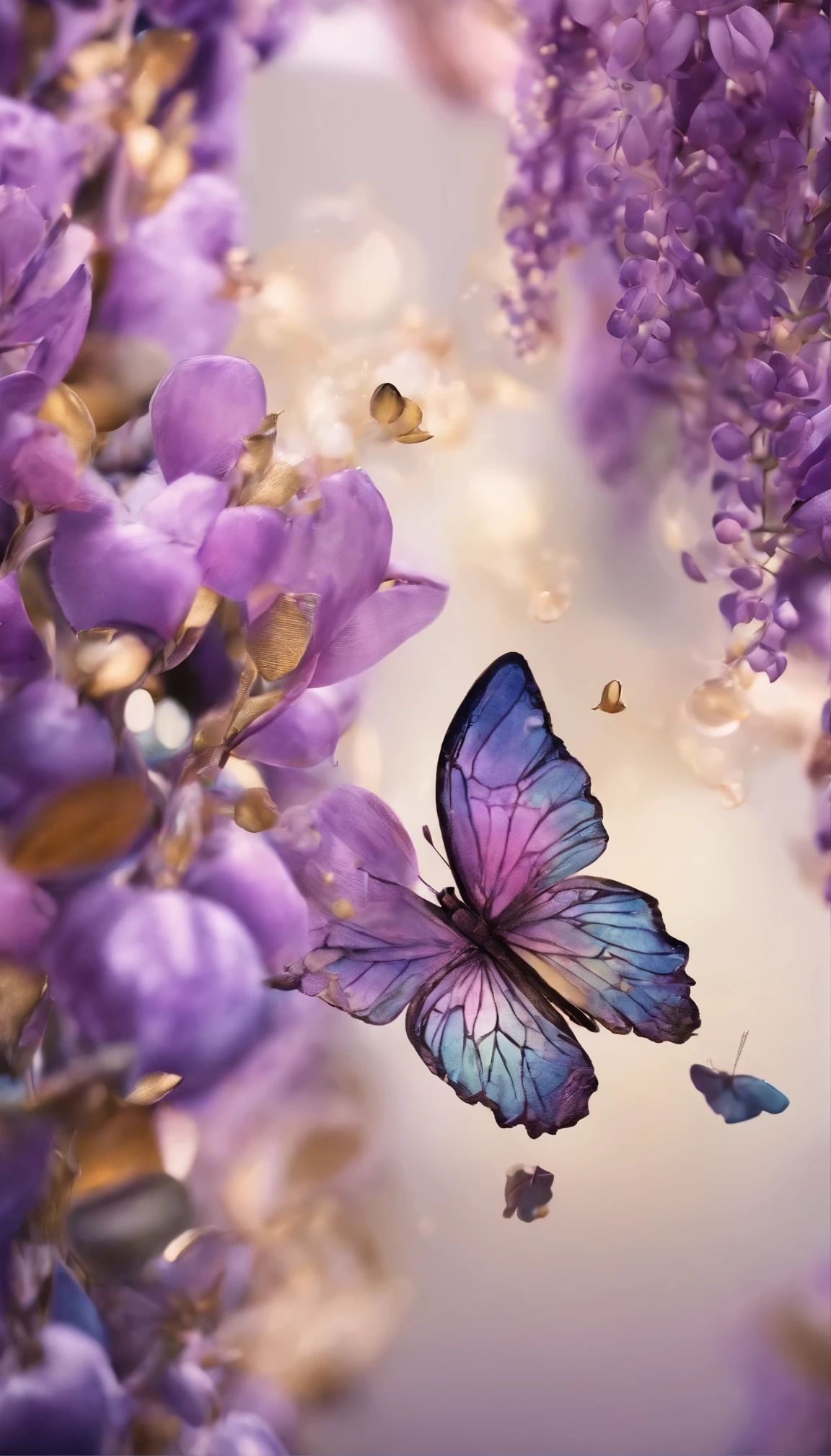 All expressed with jewels, the arrival of spring, various beautiful wisteria flowers,Swallowtail butterfly,
, angles looking up from below, various jewels falling from the sky, wonderful and beautiful superb view, slightly hazy, fantastic, high resolution, 8K, (best quality, highres, realistic:1.37), shiny metallic flowers, intricate and delicate petals, reflective surfaces, vibrant colors, intricate details, close-up view, surreal garden, surreal beauty, dreamy atmosphere, fine art, abstract botanicals, metallic sculpture, contrasting textures, ethereal glow