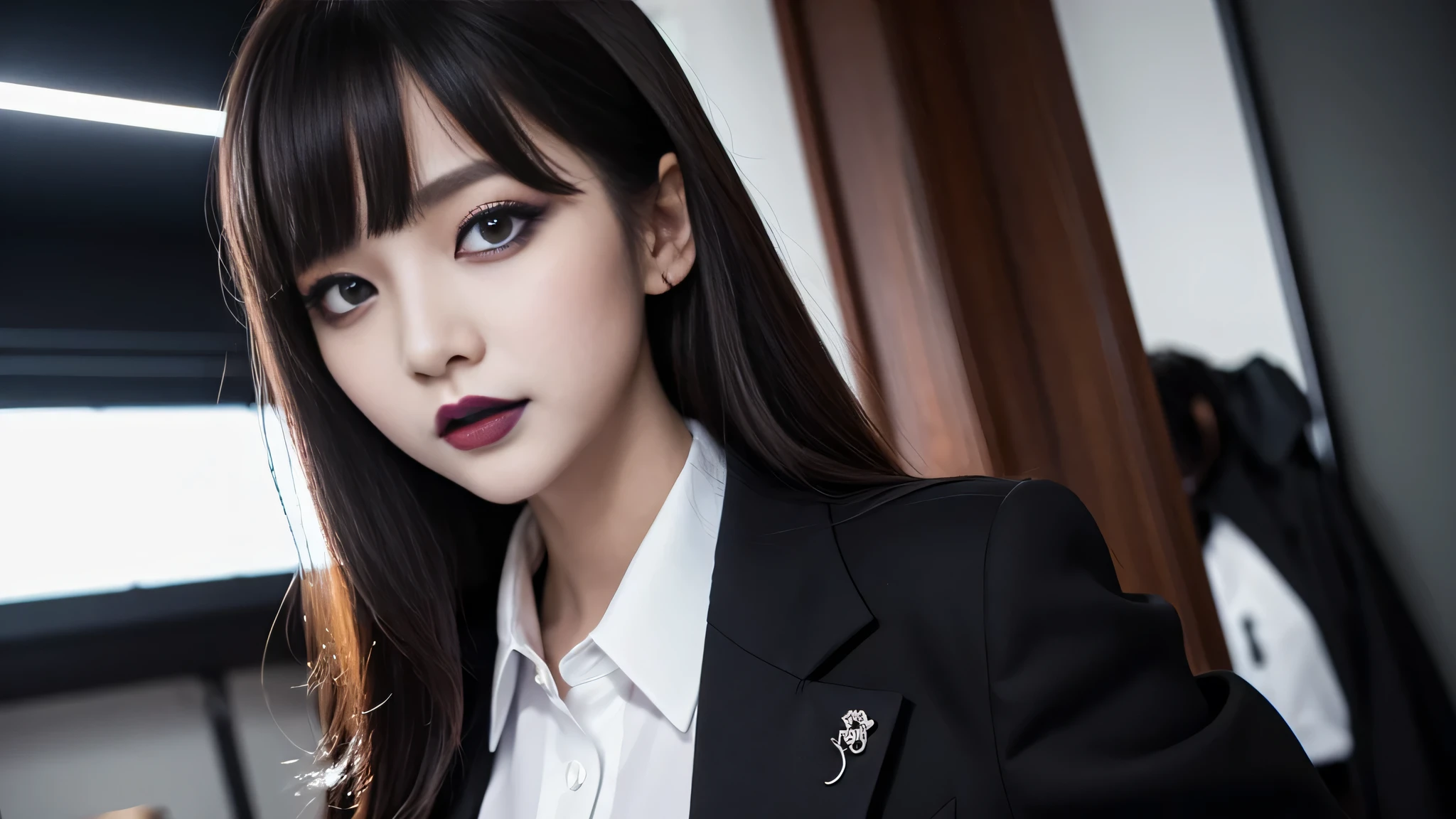 best quality、ultra-detailed、4k、Japanese、Seductive beauty、seductive adult woman、Pretty Woman、cool girl、Villainess、Brainwashed、brainwash、Fallen into evil、smirk、Evil look、Wicked Smile、evil、Brown hair、wavy hair、swept bangs、dark makeup、dark makeup、piercing eyes、hollow eyes,half-closed eyes、Hollow Eyes、purple Eyeshadow、black lipstick、black lipglos、office staff suit、suit、Jacket、Black sleeves、White Shirt、Black Ribbon、Tight Skirt、pantyhose、night、inside darkroom、Are standing、shoot from below、Have lipstick、Emblem of Evil、Crest of Darkness、Swear allegiance、I have pledged my allegiance、Dye black、Blackening、Stained with evil、Dyed in darkness、Seduce
