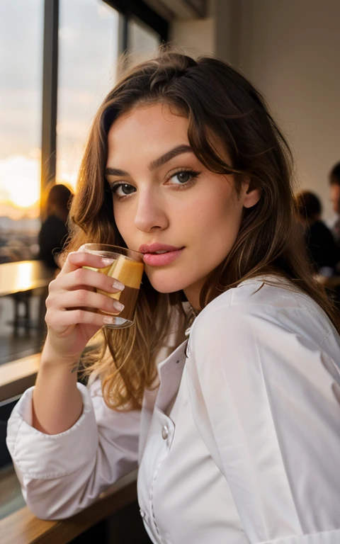 Jolie belle blonde avec un pull jaune (Drinking coffee in a modern cafe at sunset), very detailed, 14 ans, visage innocent, naturally wavy hair, yeux bleus, high resolution, Chef-d'artwork, Best quality, Intricate details, very detailed, Sharpness, detailed skin, Realistice Hauttextur, texture, detailed eyes, professionnel, 4k, Sourire charmant, prise avec Canon, 85 millimeters, Slight depth of field, Kodak Vision Couleur, corps parfaitement ajusté, Extremely detailed, Photo_\(ultra\), fotoRealistic, Realistic, post-traitement, Maximum details, roughness, vrai vie, ultraRealistic, Photorealismus, Photografie, 8k euh, Photografie