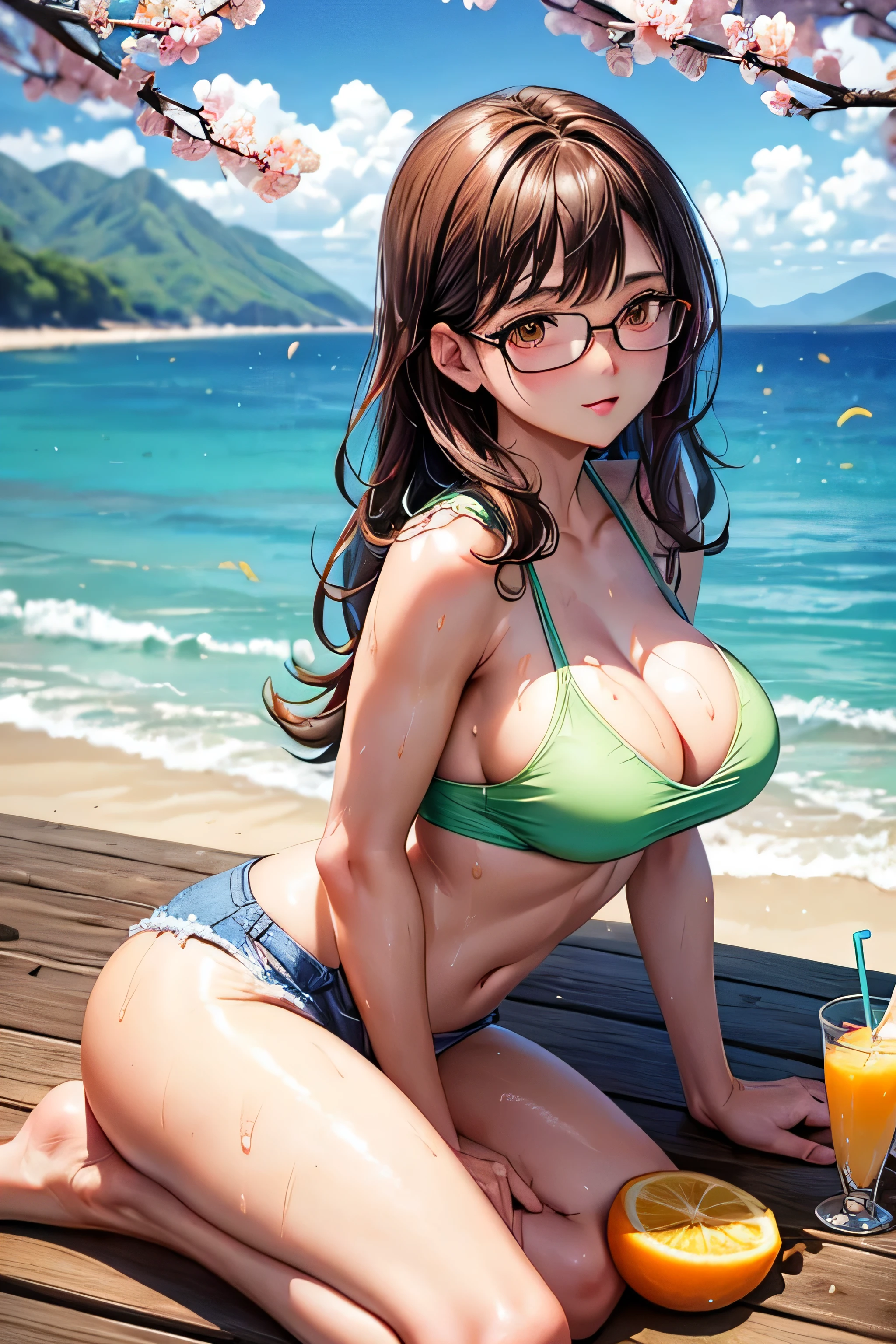 (Very detailed, 最high quality, Anatomically perfect body),High resolution, high quality, One girl, Anime Girls,Brown long hair, Brown eyes, Green glasses,heart shaped pupils,Sunburned skin, Large Breasts,beautiful breasts,pointy breasts,(Big Ass),beautiful ass,Embarrassed,Tank Top,jeans,lower body,sweat,wet,sitting,(open legs),cherryblossom,at cafe,(lemon juice),(orange juice),(Pineapple juice),(Mango juice),(water),
