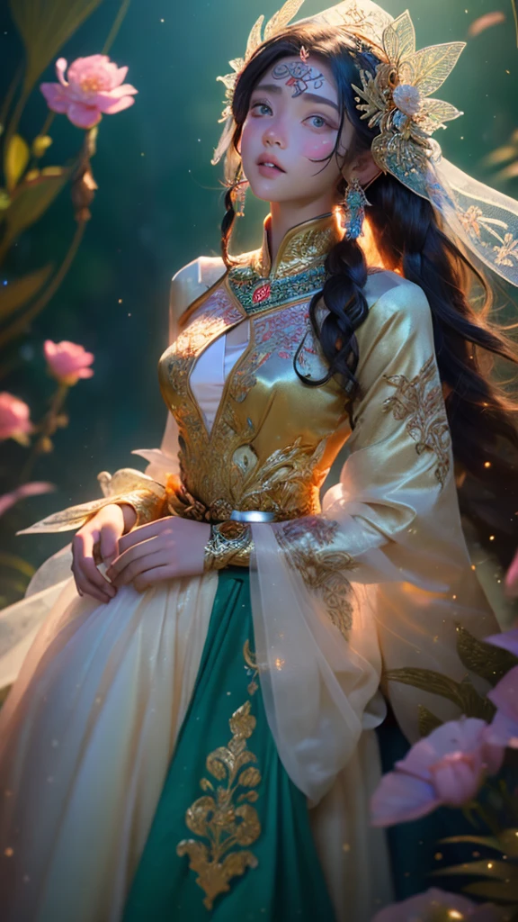 (((masterpiece))), (((highest quality))), ((Super detailed)),(Highly detailed CG illustrations), ((Very delicate and beautiful)),Cinematic Light, Create amazing fantasy art,Fairy Fantasy,Hoan Lap,myth,One girl,Hmong girl in Hmong costume, Hmong,clothing、headgear、耳Nipple Ring,8k wallpaper,solidarity,Art Station,High resolution CG