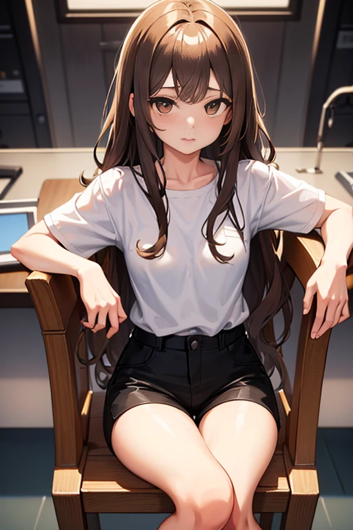 best quality, finely detailed, beautiful, HD, A 23 year old girl, long wavy light brown hair, Brown eyes, happy, white shirt short-sleeved, black shorts, small breasts, sitting in a chair, inside a scientific laboratory with white walls and white floor