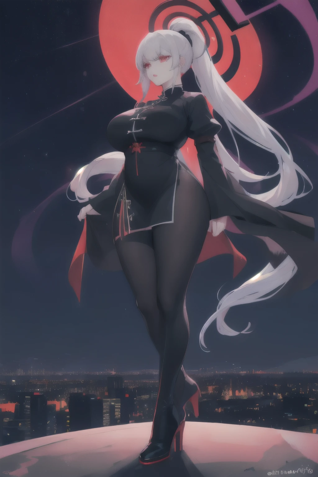 anime, (artwork, best quality, ultra-detailed, high contrast), 1 woman (Alone, full body, plus size body, standing on the edge of the skyscraper, silver hair, LONG In a ponytail, red eyes (detailed eyes), passionate expression, red lips (perfect lips), ruby sparkles, (simple black qipao), high heel boots black cybernetics with neon pink), transparent black socks), (skyscraper roof, overlooking a city, detailed background ((night time, Darkness, low light pollution)))