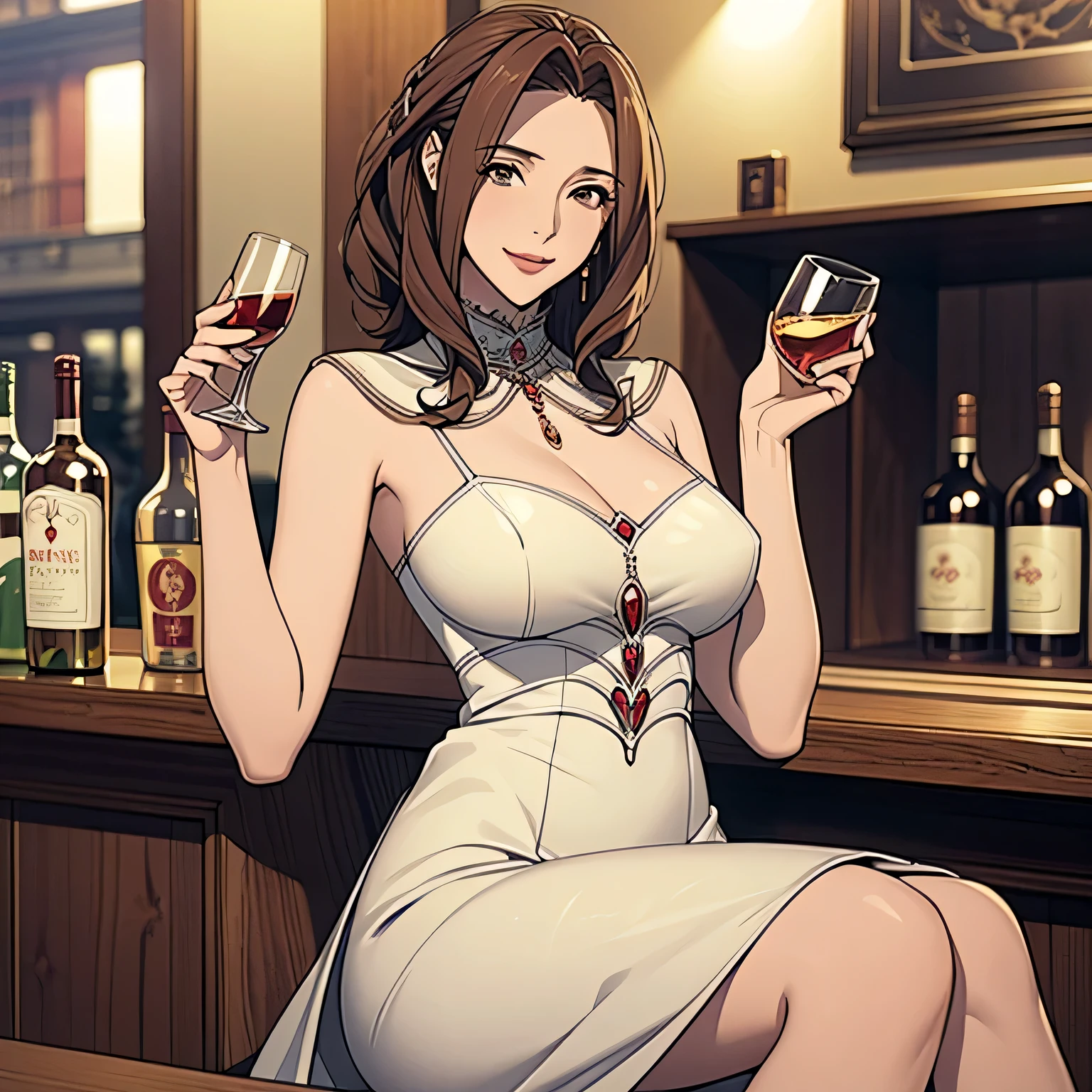 Only one female, Sitting in a seat, (Luxury Dresses) stylish, Mature Woman,  bangs, A kind smile, (Masterpiece of the highest quality:1.2) Delicate illustrations, super detailed, large breasts break (Holding a glass in your hand) break (Fashionable bar counter) indoor, (Bottle of liquor), Detailed Background