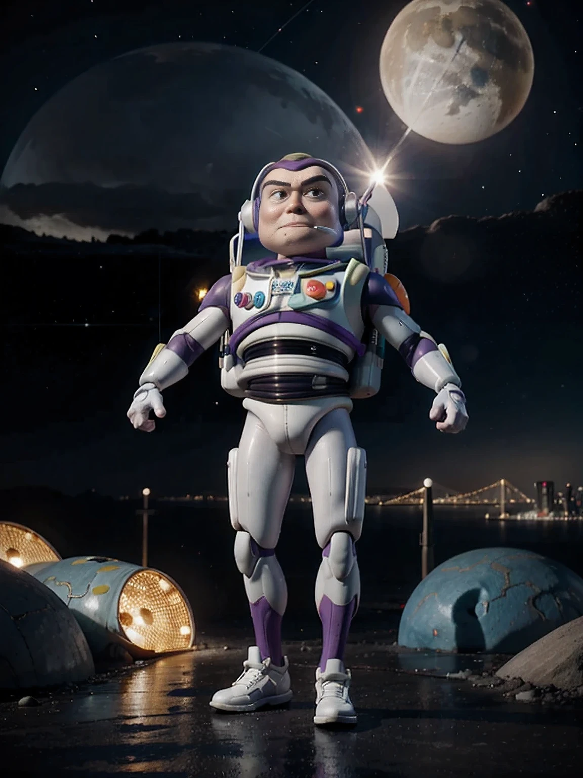 Buzz Lightyear ,cartoon heroes,with a blaster in a spacesuit against the backdrop of a cartoon city,8k rendering (Buzz Lightyear)