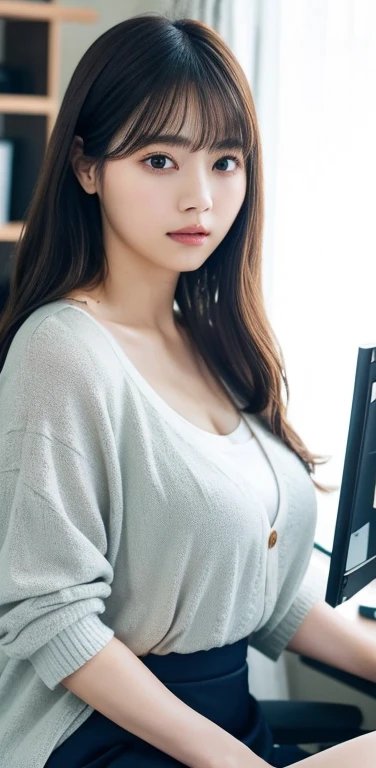 masterpiece, highest quality, 8k, 20th generation, Big Breasts, cute, alone, sad, cute, Girlish,cute 繊細な女の子, cute、Pure beauty, RAW Photos, Professional photography, Portraiture, Soft Light, Professional Lighting, Backlight, Upper Body, avert your eyes, Sophisticated, Film Grain, (Eye and facial details:1.0), Round face、Floating Hair, beautiful, Flowing hair, Asymmetrical bangs、(Big Breasts:1.0)、loose white blouse、Navy blue cardigan、You can see a little bit of her chest、Micro Mini Skirt、Exposed thighs、Voluptuous thighs、dolly make、Heterochromia iridis、Office at night、In front of the computer、sitting in an office chair、