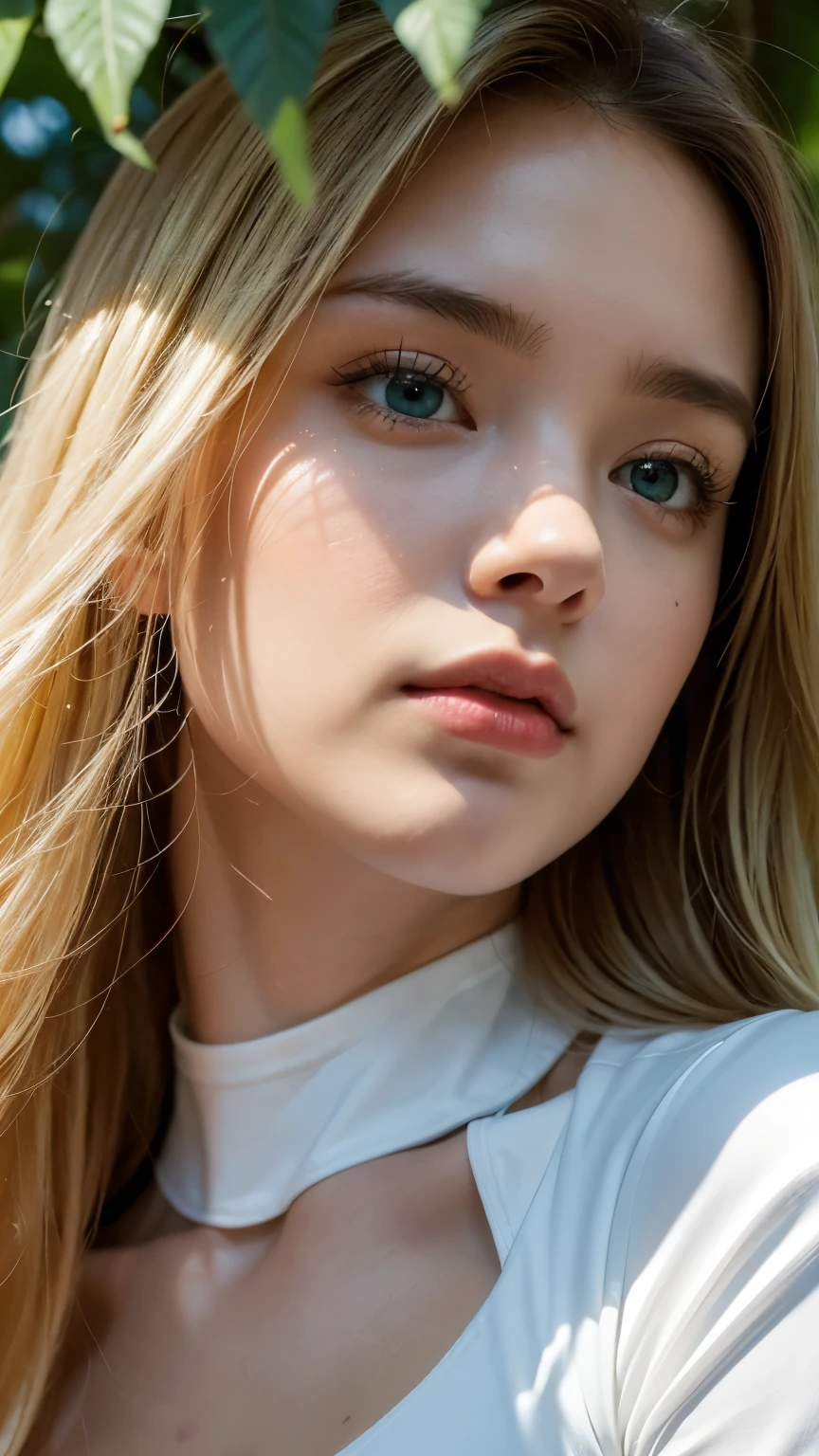 Strong light, Strong contrast, In an open-roofed cave、Sunlight shines through green moss and ferns。,  And open( Sea view:1.1) The bottom, Cel-shaded rendering, 4K,  360 degrees, Equirectangular projection, what, 1girl, Woman in her 30s､A beautiful woman､long blonde hair､White latex leotard､White long boots､white arm cover､masterpiece, 最high quality, high quality, High resolution, (((Face close-up)))